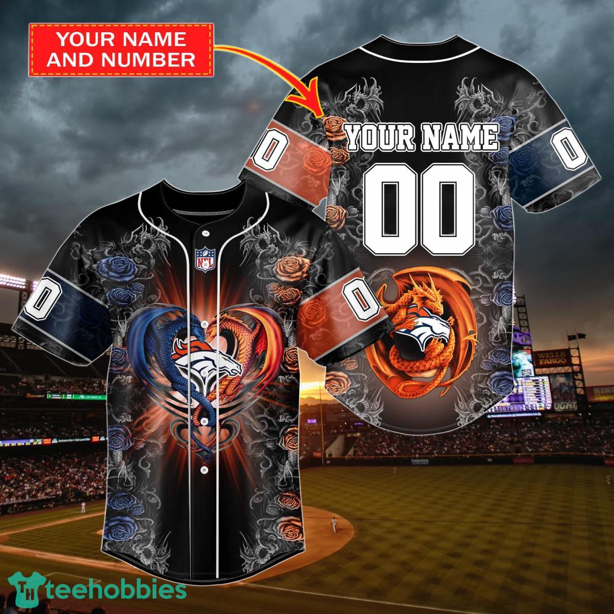 Denver Broncos Personalized Name & Number NFL Dragon Baseball Shirt Best Gift Fans Product Photo 1
