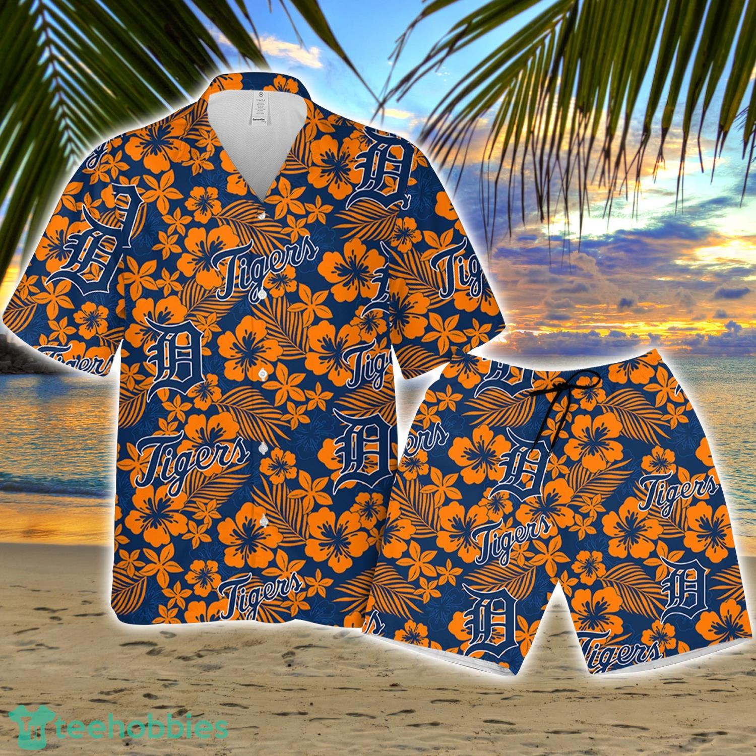 Detroit Tiger Hibiscus Flower Pattern Hawaiian Shirt And Shorts Gift For Summer Product Photo 1