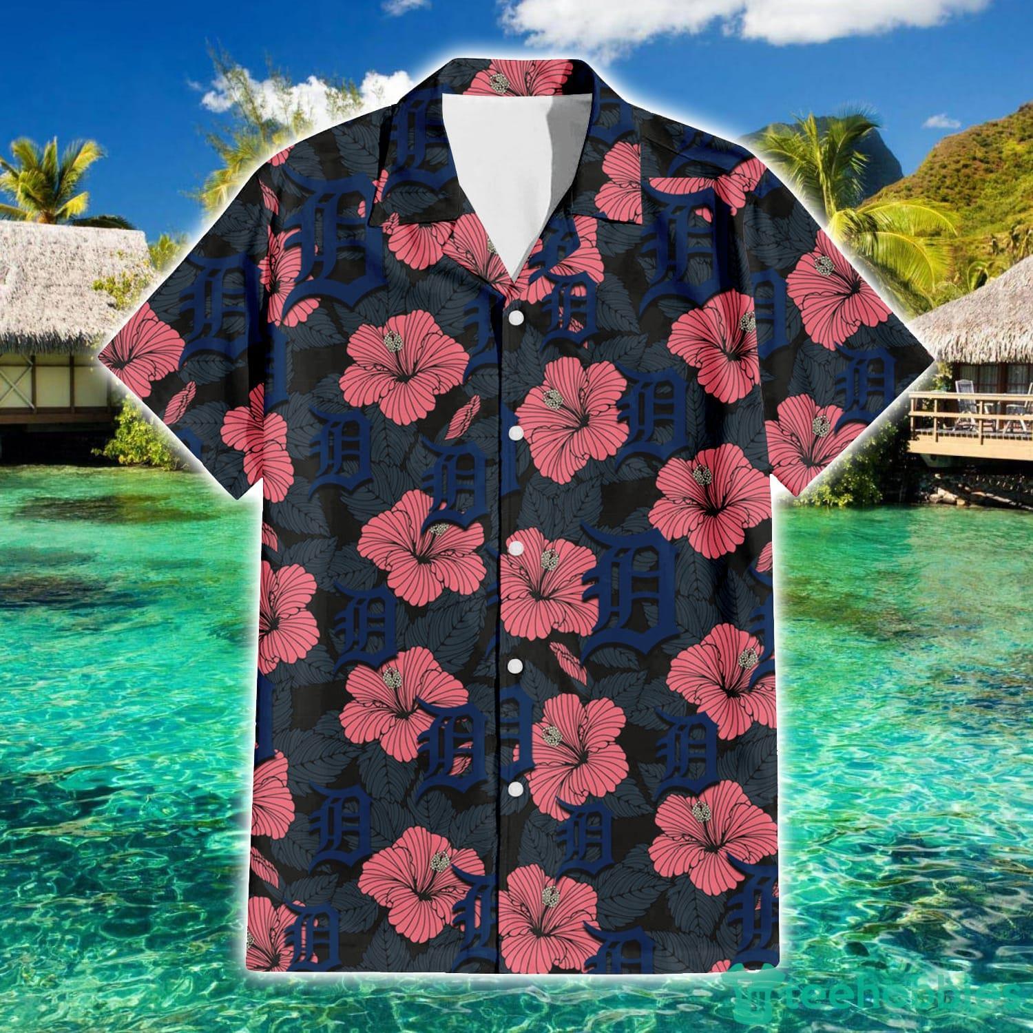 Detroit Tigers Red Hibiscus Green Leaf Tropical Hawaiian Shirt For