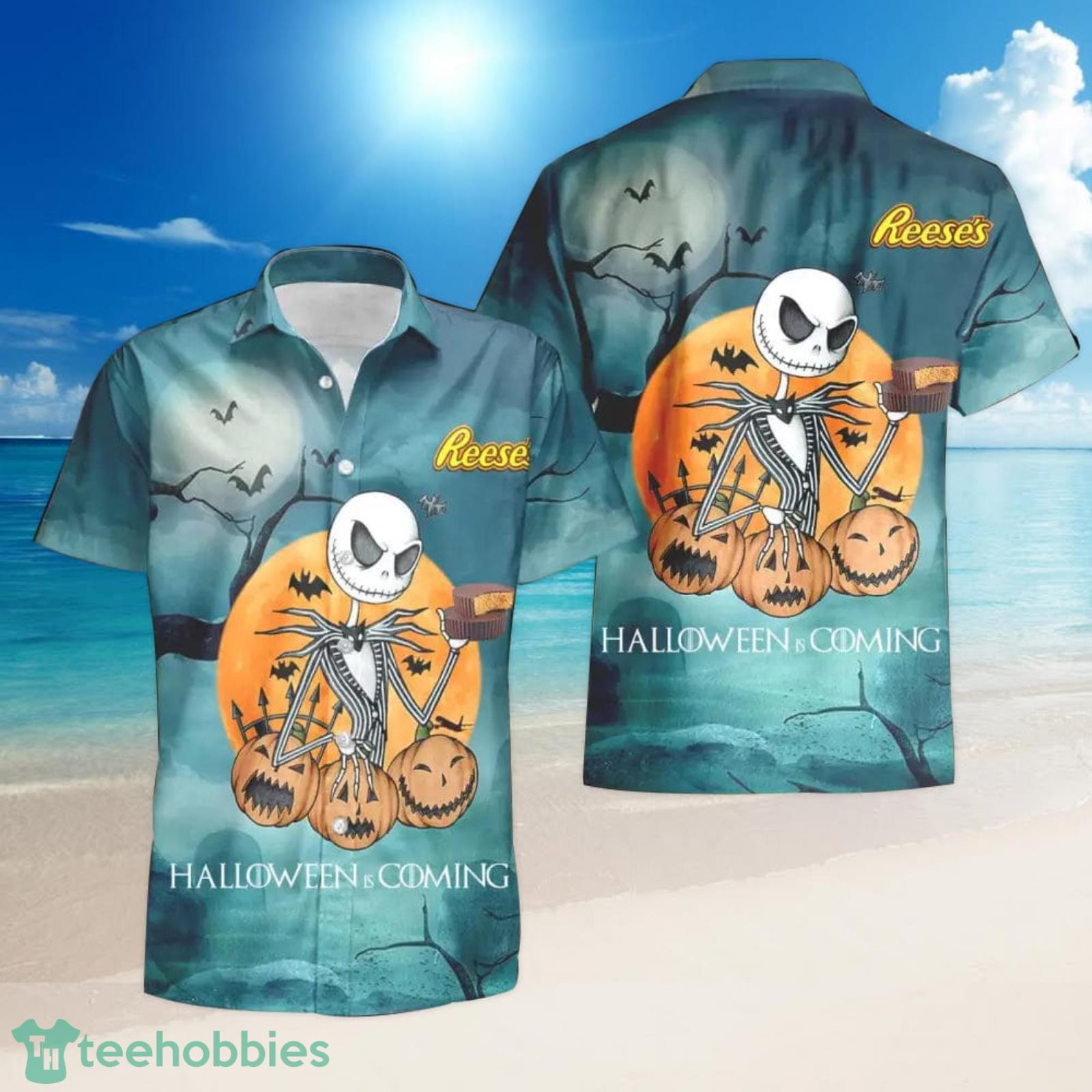 Jack Skellington Halloween Reese’s Hawaiian Hawaiian Shirt And Shorts Halloween Gift image Jack Skellington Halloween Reese’s Hawaiian Hawaiian Shirt And Shorts Halloween Gift Product Photo 2