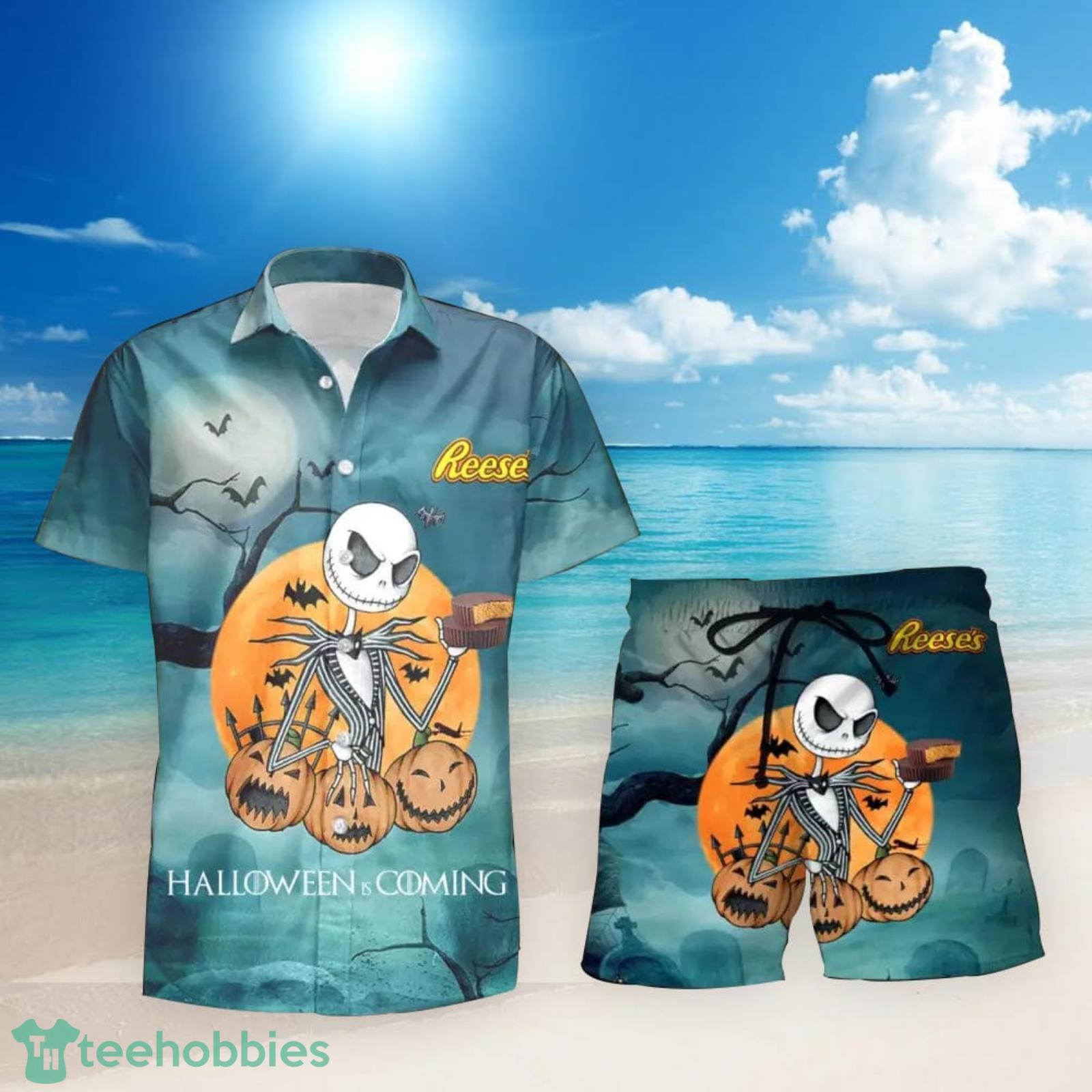 Jack Skellington Halloween Reese’s Hawaiian Hawaiian Shirt And Shorts Halloween Gift Product Photo 1 Jack Skellington Halloween Reese’s Hawaiian Hawaiian Shirt And Shorts Halloween Gift Product Photo 1