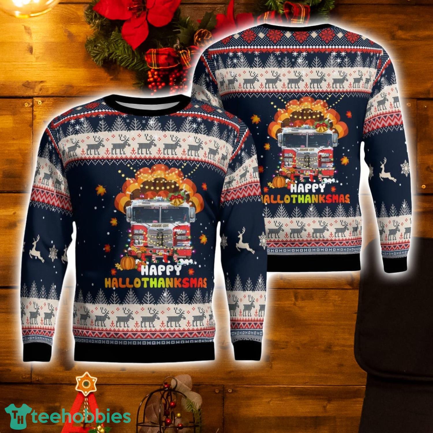 Jersey City Fire Department Happy Hallothanksmas Christmas Men And Women Christmas Gift Ugly Christmas Sweater Product Photo 1