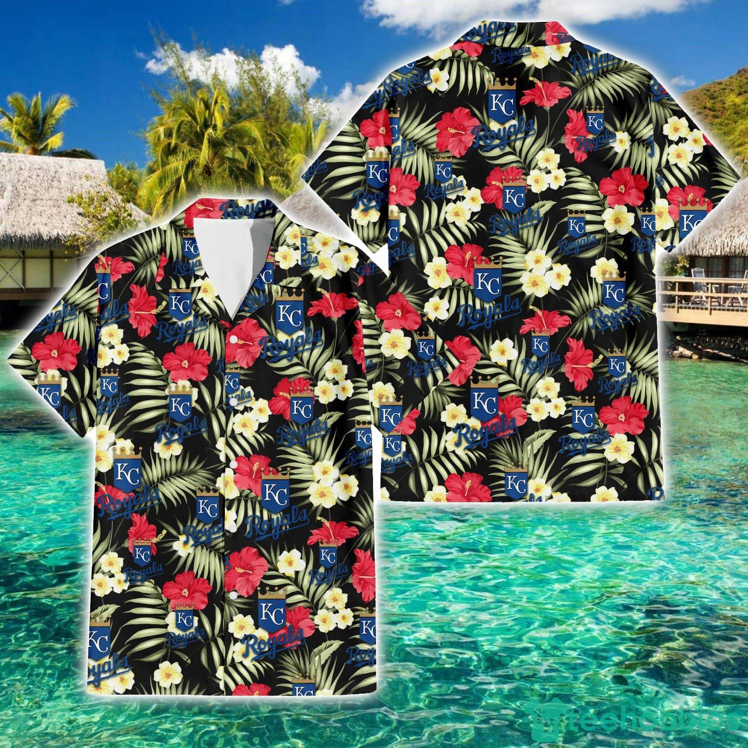 Kansas City Royals Red Hibiscus Yellow Porcelain Flower With Leaf Pattern  3D Hawaiian Shirt Summer Gift