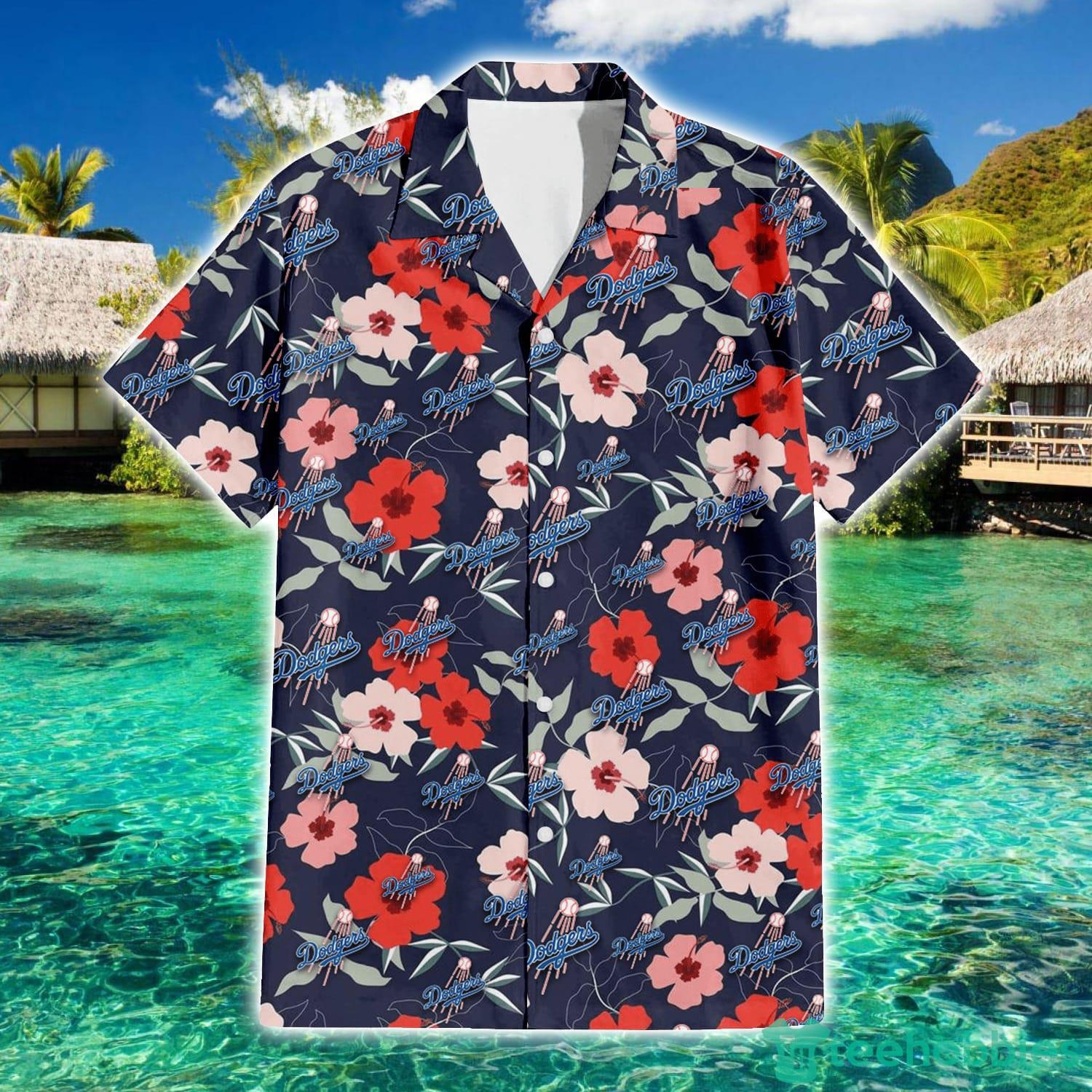 Los Angeles Dodgers Logo And Red Pink White Hibiscus 3D Hawaiian Shirt For  Fans