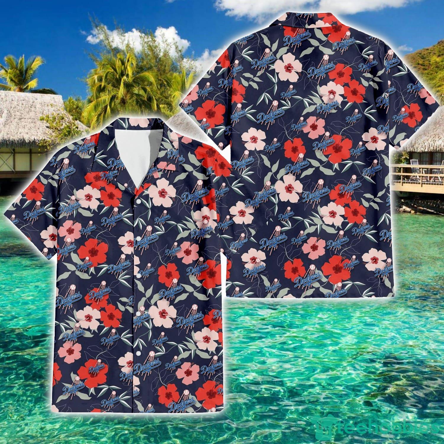 Los Angeles Dodgers Logo And Red Pink White Hibiscus 3D Hawaiian Shirt For  Fans