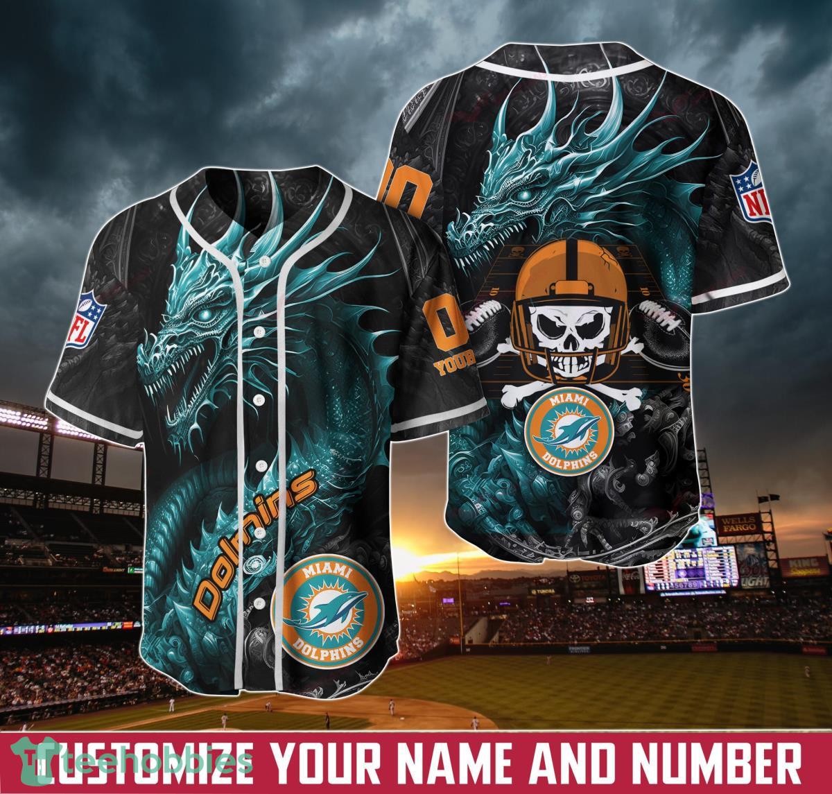 Custom Number And Name NFL Miami Dolphins Logo Hello Kitty Baseball Jersey  Shirt - Banantees