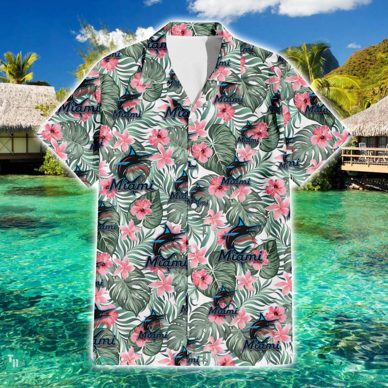 Miami Marlins Small Pink Hibiscus Pattern All Over Printed 3D Hawaiian Shirt Product Photo 2