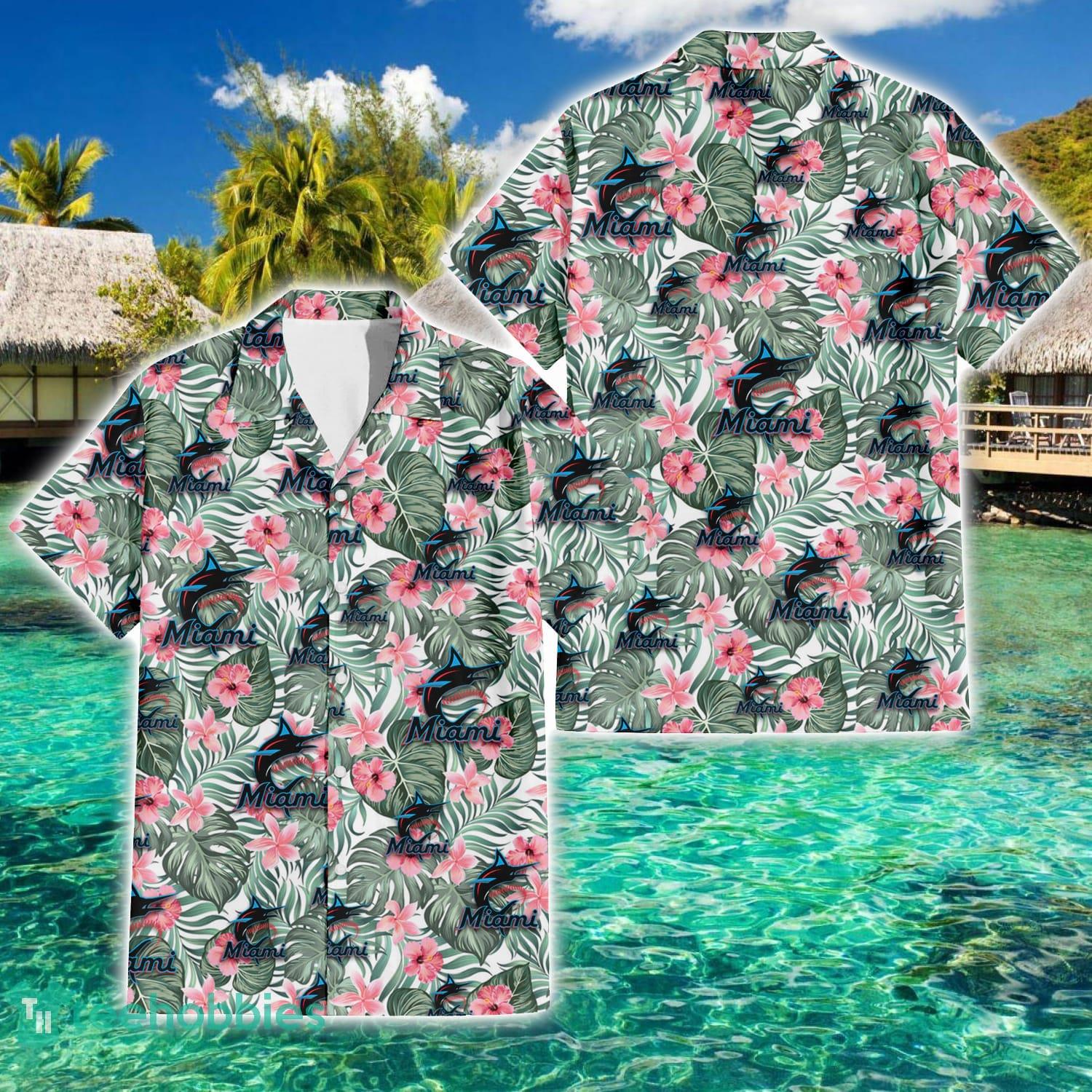 Miami Marlins Small Pink Hibiscus Pattern All Over Printed 3D Hawaiian Shirt Product Photo 1