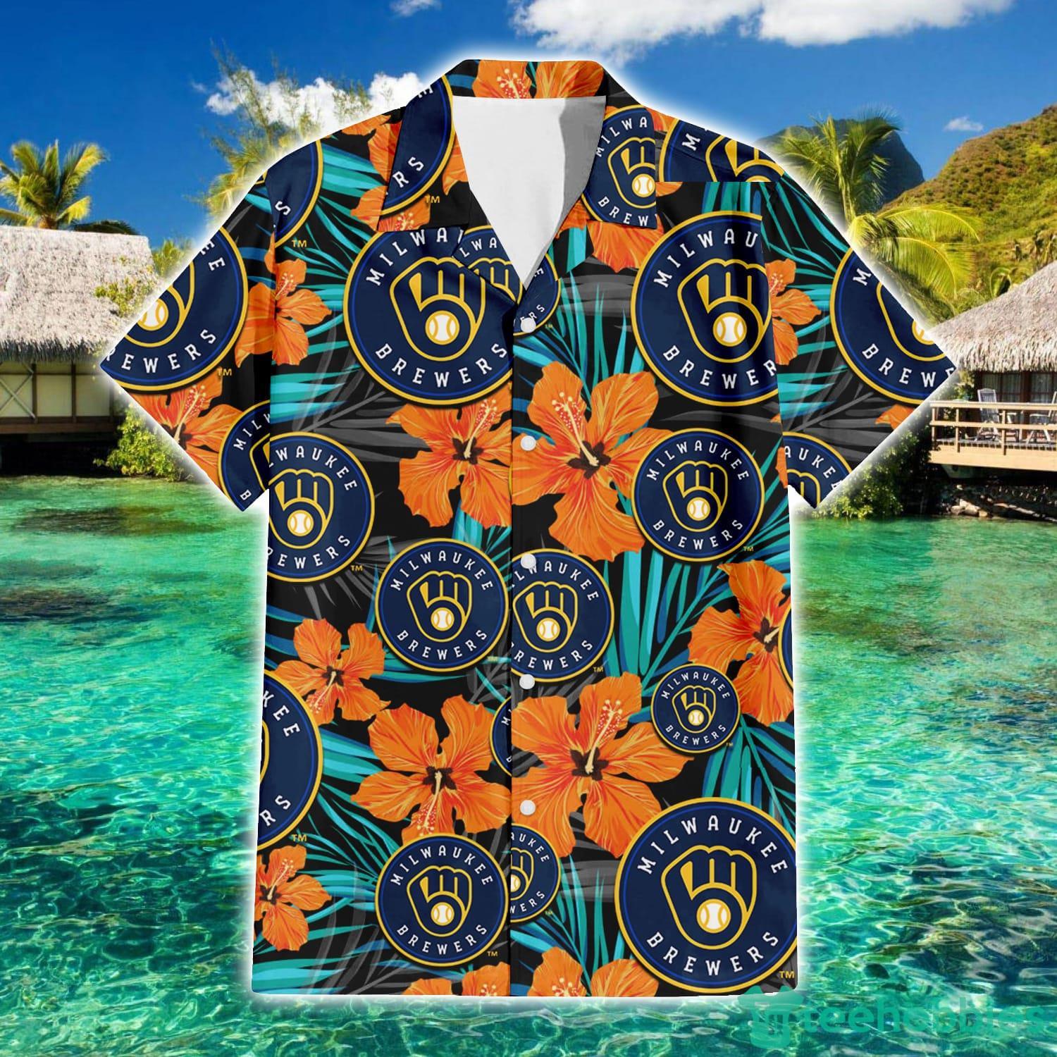 Milwaukee Brewers Orange White Tropical Hibiscus Green Leaf 3D Hawaiian  Shirt Gift For Fans