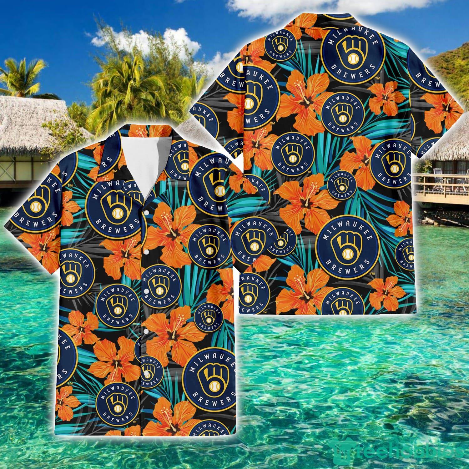 Milwaukee Brewers Orange White Tropical Hibiscus Green Leaf 3D Hawaiian  Shirt Gift For Fans