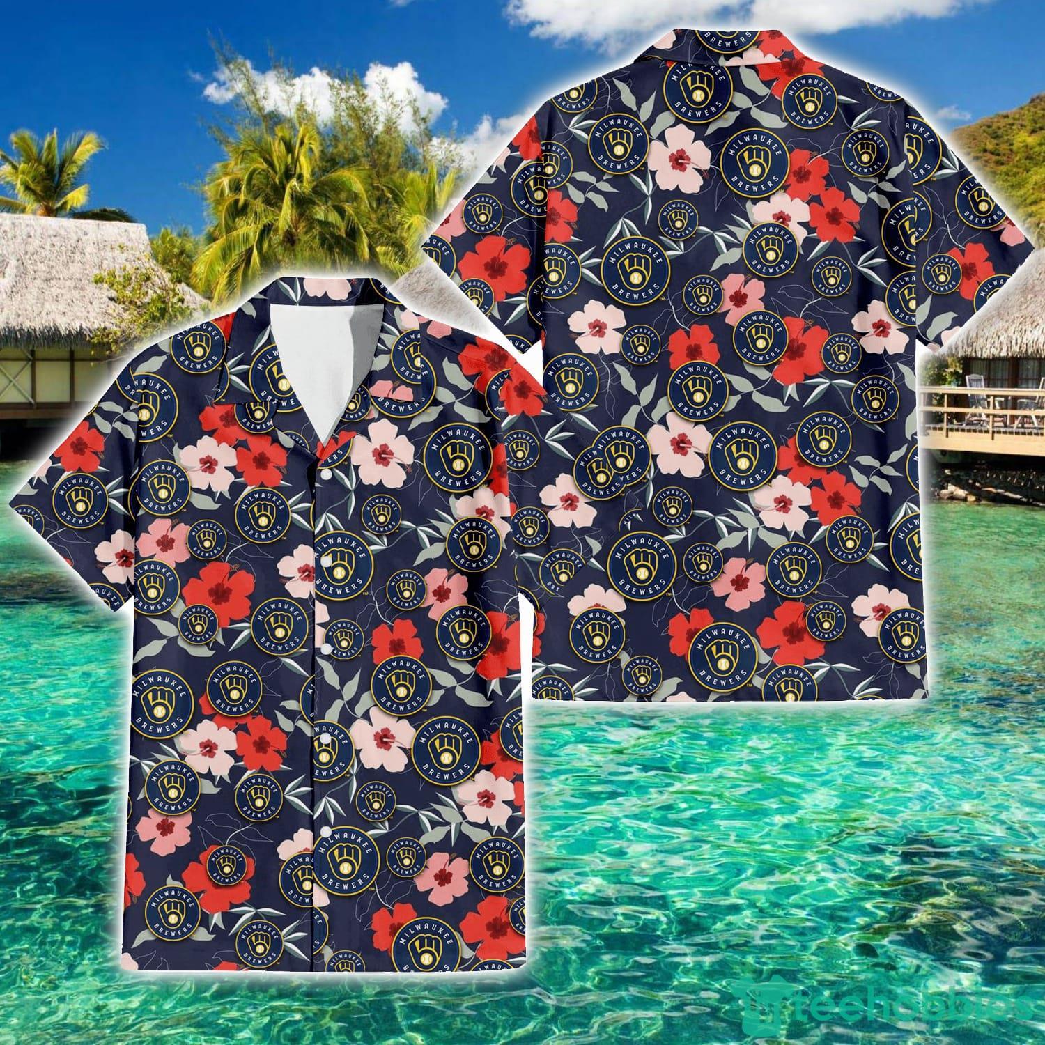 Milwaukee Brewers Logo And Red Pink White Hibiscus 3D Hawaiian