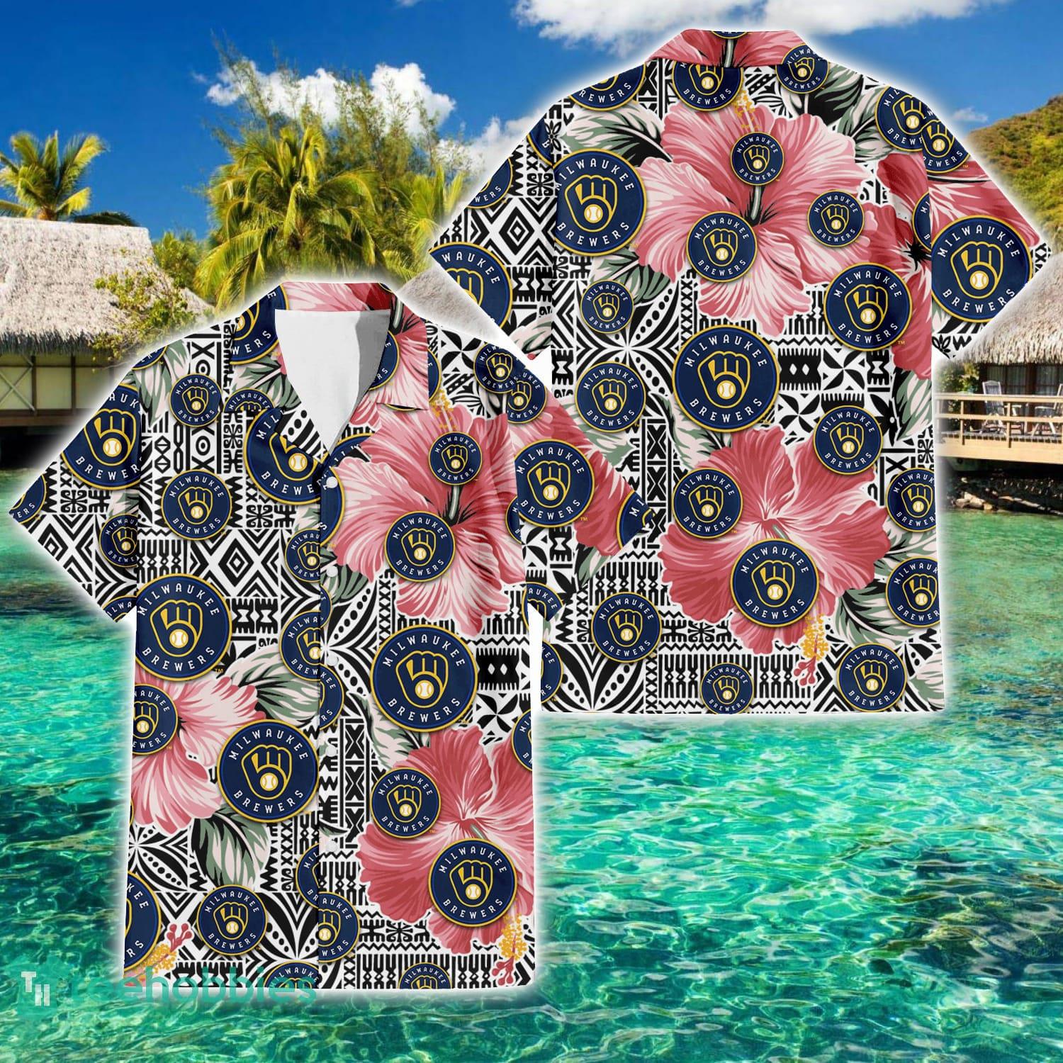 Milwaukee Brewers Pink Hibiscus Vintage Pattern 3D Hawaiian Shirt Best Summer Gift Product Photo 2
