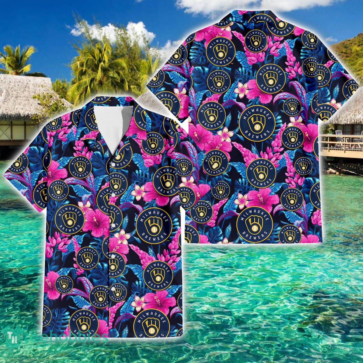 Milwaukee Brewers Violet Hibiscus Tropical Summer Gift 3D Hawaiian Shirt Product Photo 1