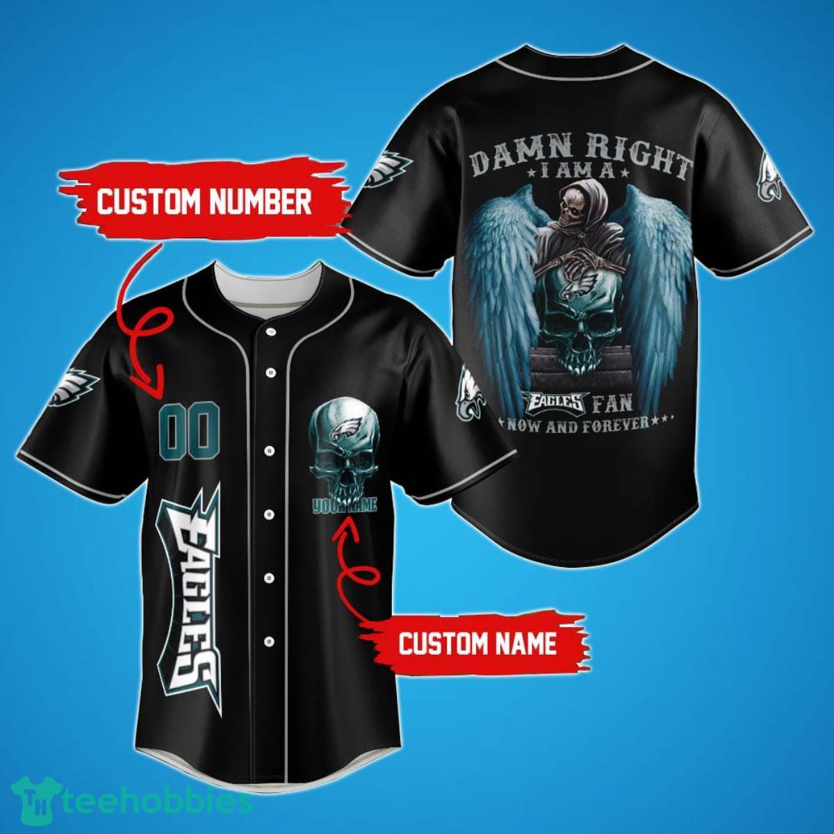 Philadelphia Eagles Damn Right Skull NFL Custom Name & Number Baseball Jersey Shirt Fans Product Photo 1