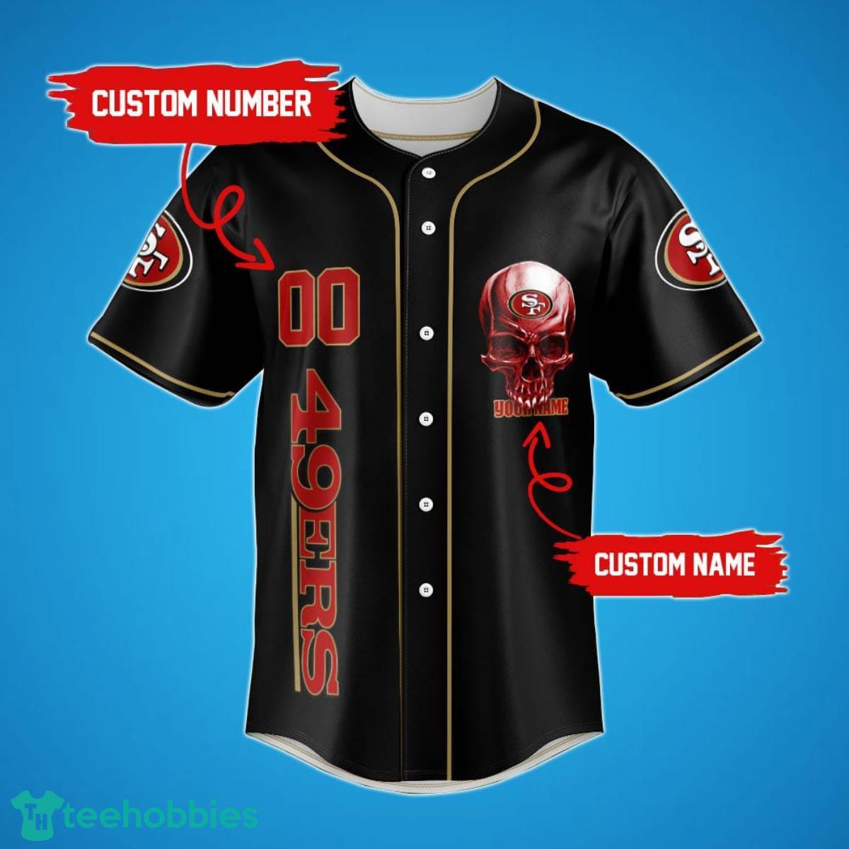 San Francisco 49ers Damn Right Skull NFL Custom Name & Number Baseball Jersey Shirt Fans Product Photo 2