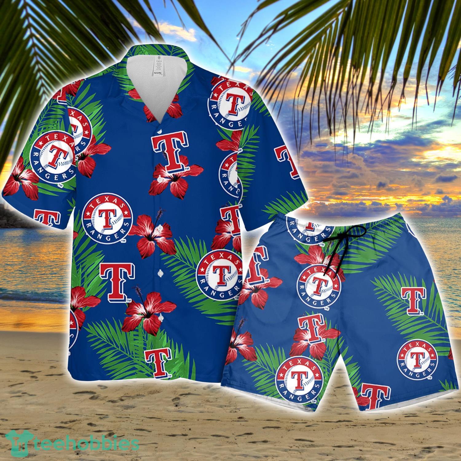 Texas Rangers Red Hibiscus Green Leaf Pattern Tropical Summer Gift 3D  Hawaiian Shirt - Freedomdesign