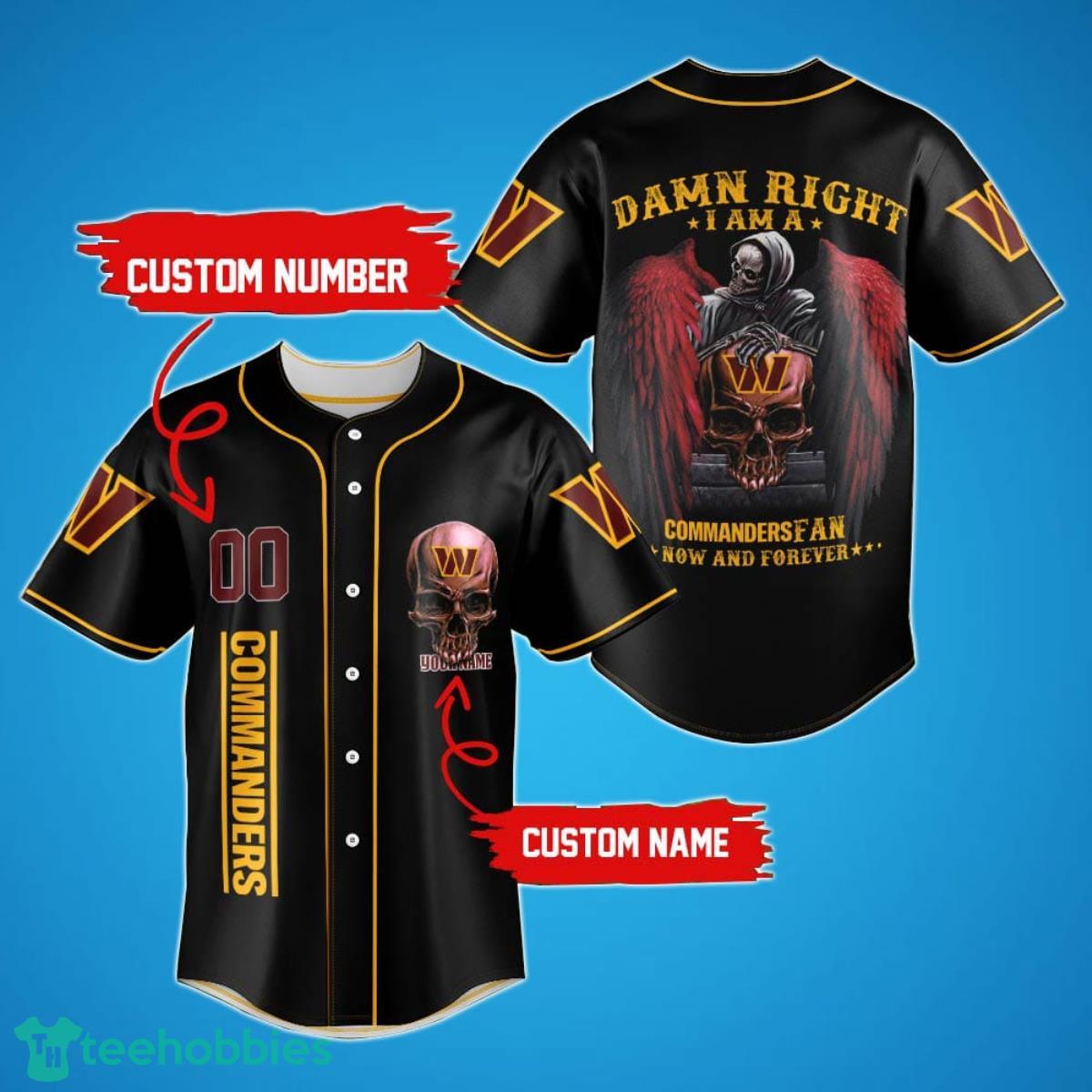 Washington Commanders Damn Right Skull NFL Custom Name & Number Baseball Jersey Shirt Fans Product Photo 1