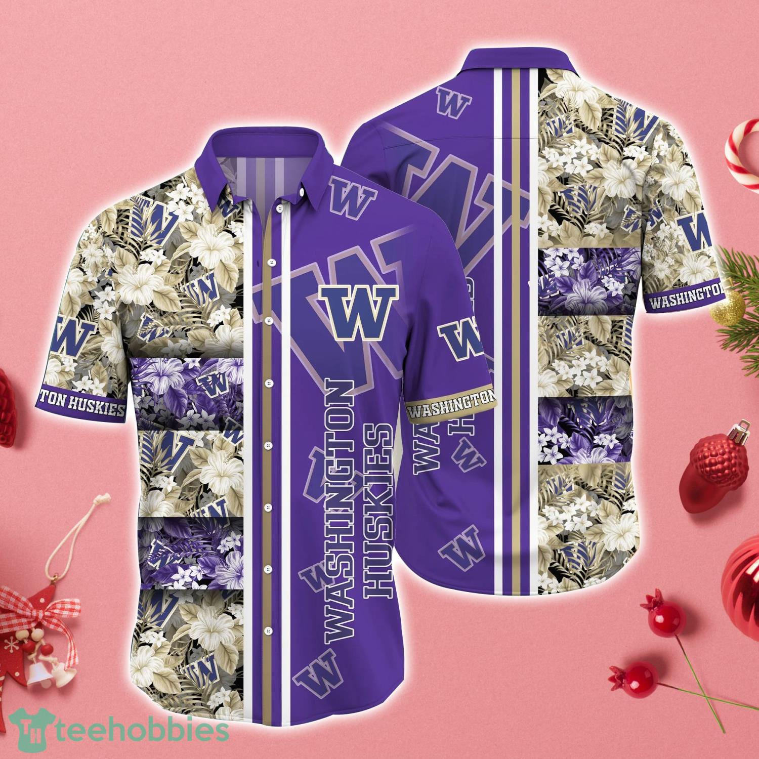 Washington Huskies Striped And Tropical Flower Hawaiian Shirt And Shorts