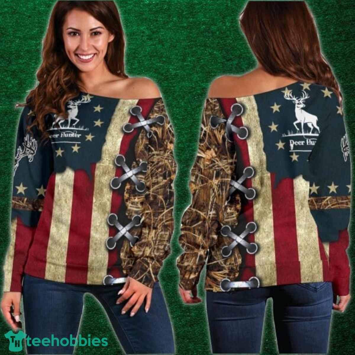 American Deer Hunting Shoulder Sweater Impressive Gift Product Photo 1