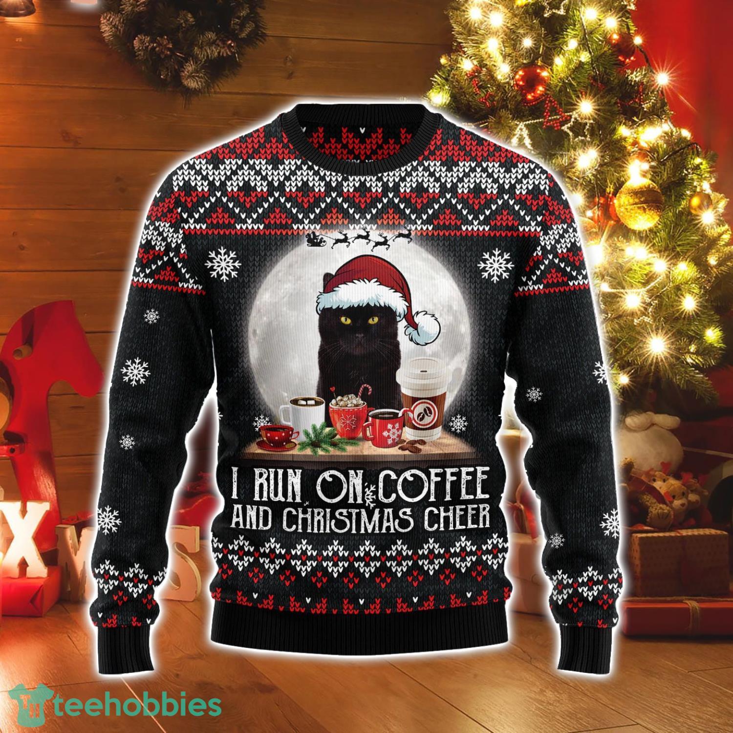 Black Cat Run On Coffee Cat Lover Ugly Christmas Sweater Xmas Gift Product Photo 1