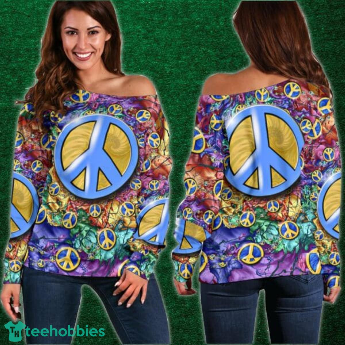 Blue Hippie Symbol Of Peace Shoulder Sweater Impressive Gift Product Photo 1