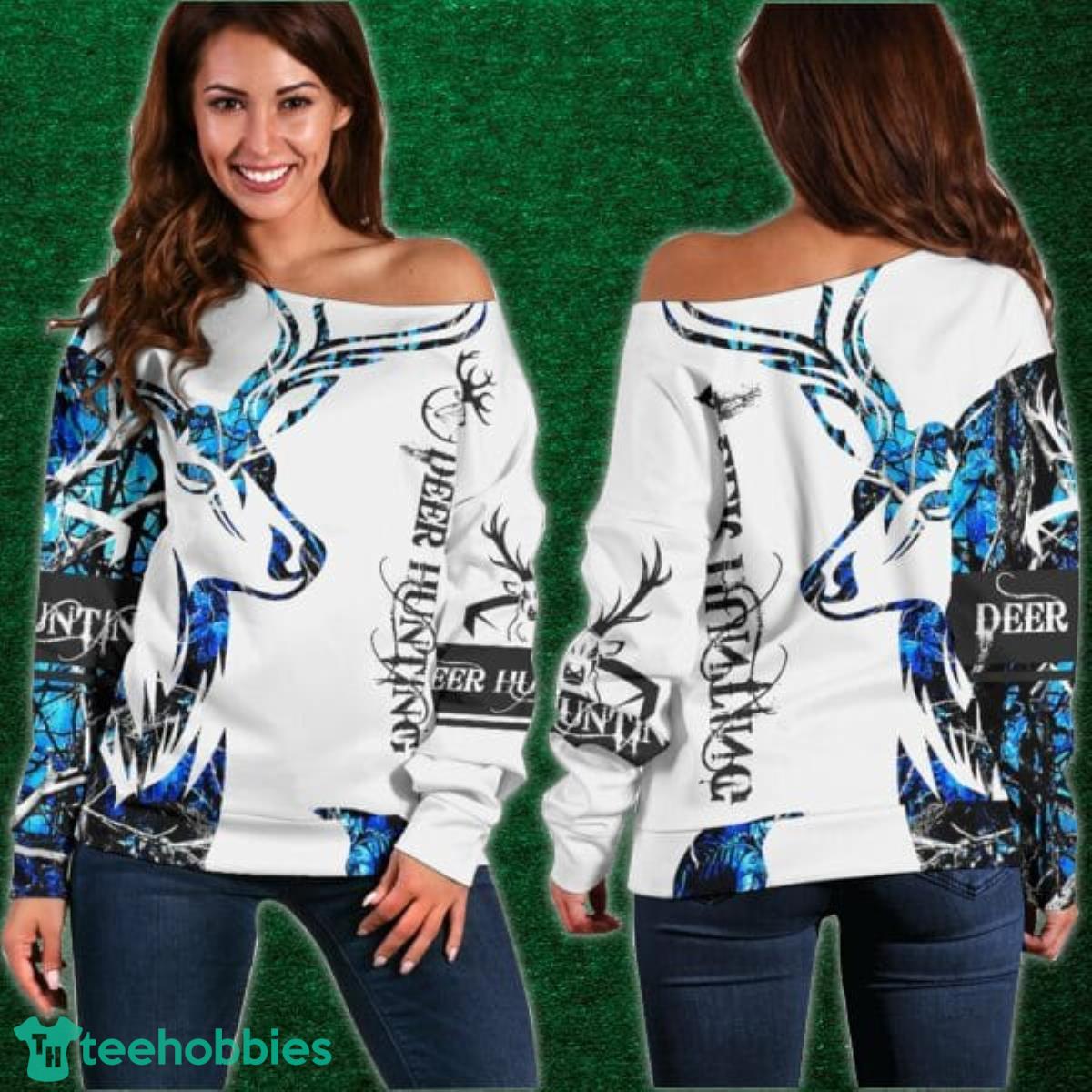 Blue Neon Deer Hunting Shoulder Sweater Impressive Gift Product Photo 1