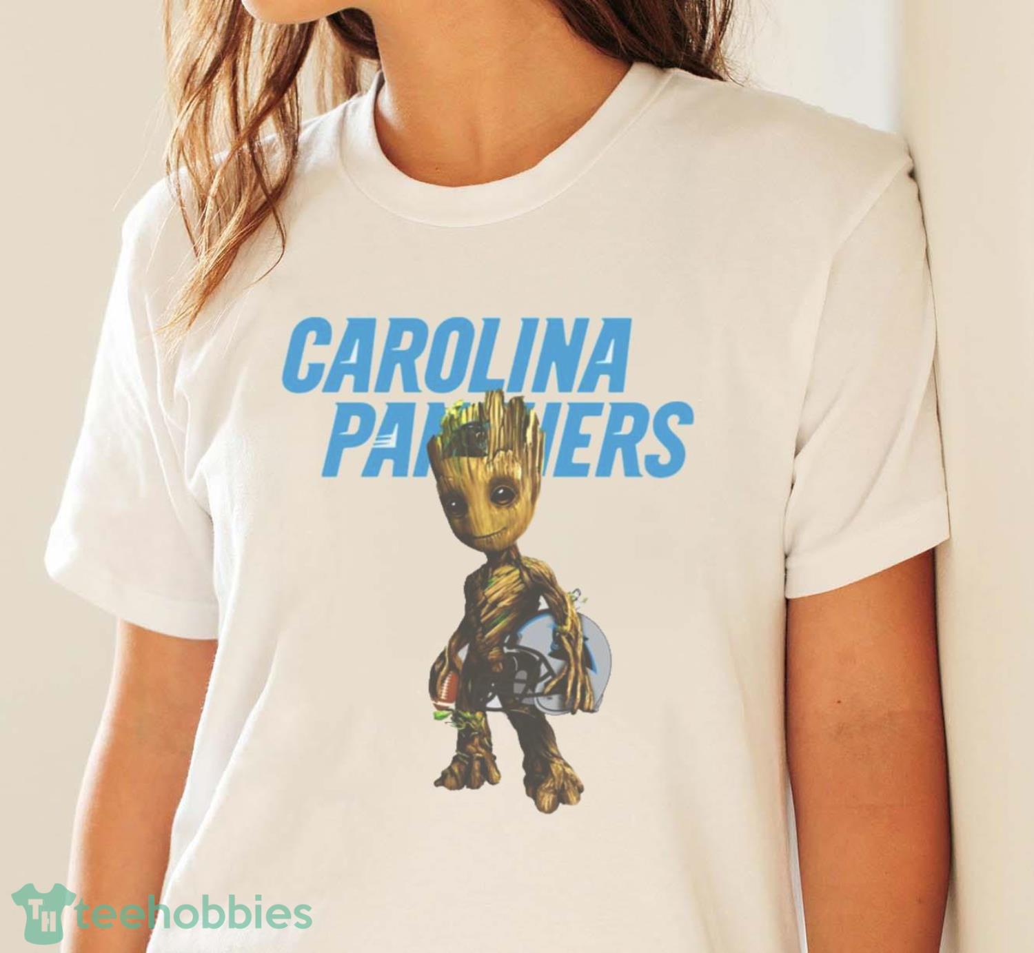 Carolina Panthers NFL Football Groot Marvel Guardians Of The Galaxy T Shirt - White Ladies T-Shirt