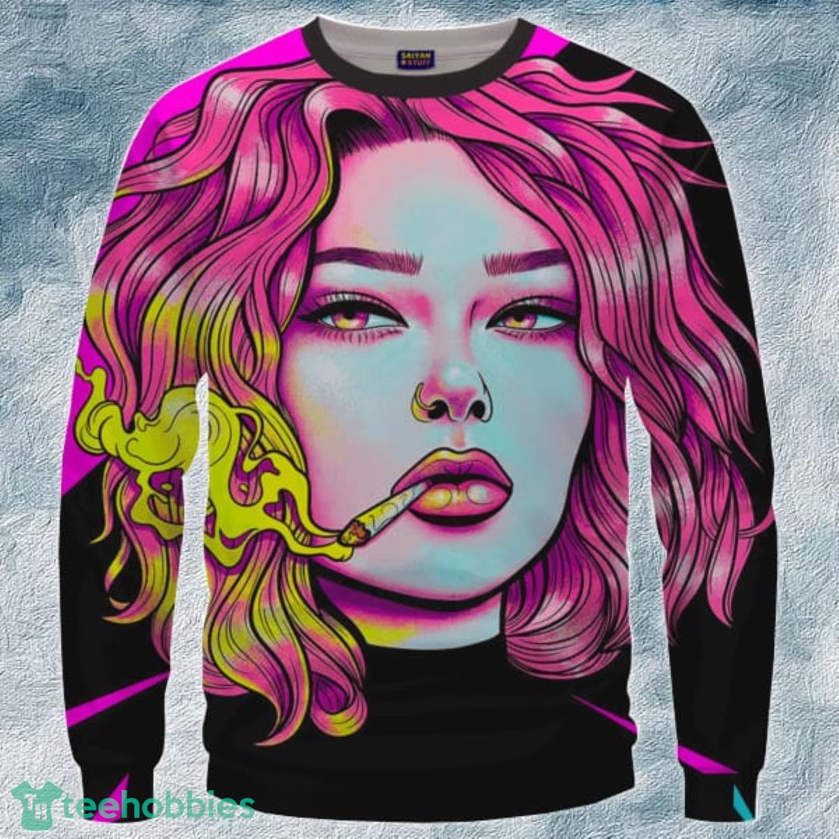 Cute Girl Smoking Joint Vector Art Pink Black Crewneck 3D Sweater Product Photo 1