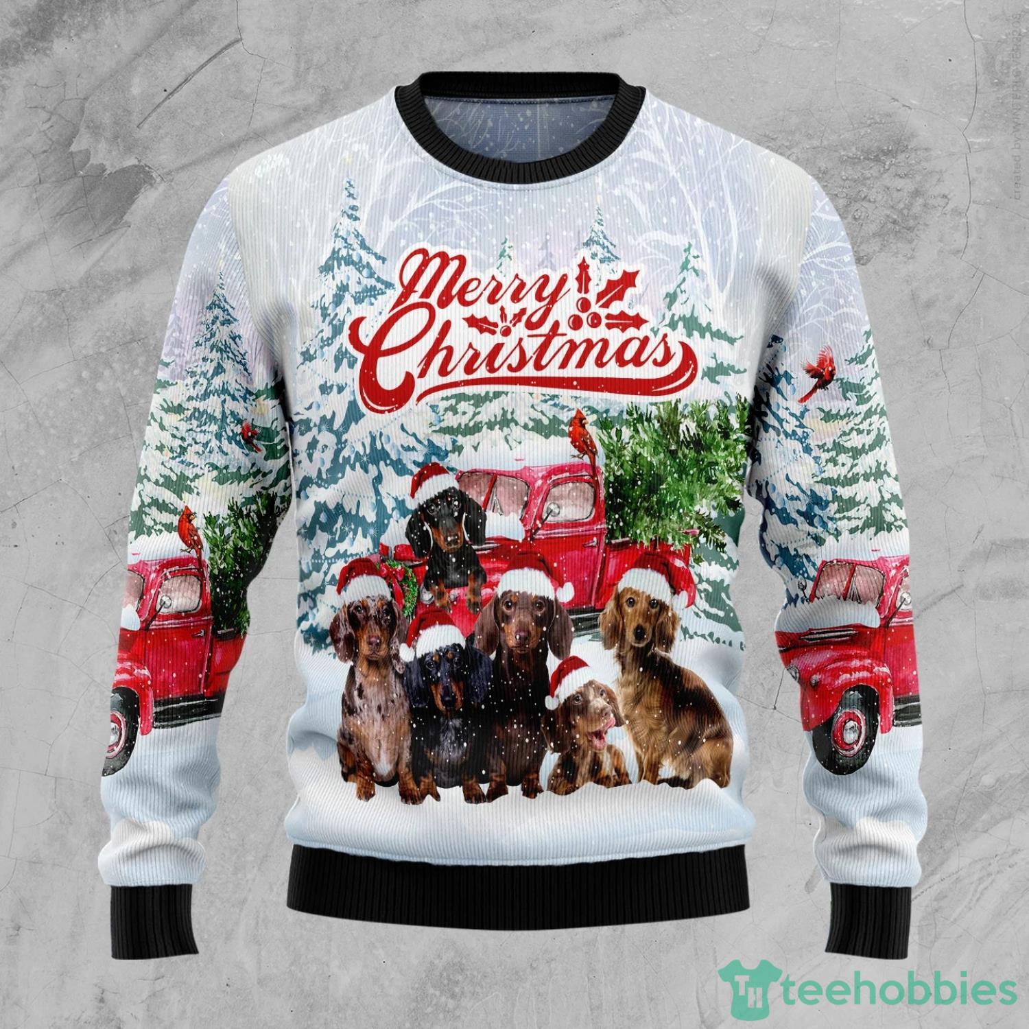 Dachshund Merry Christmas Red Car Ugly Christmas Sweater AOP All Over Printed Sweater Product Photo 2