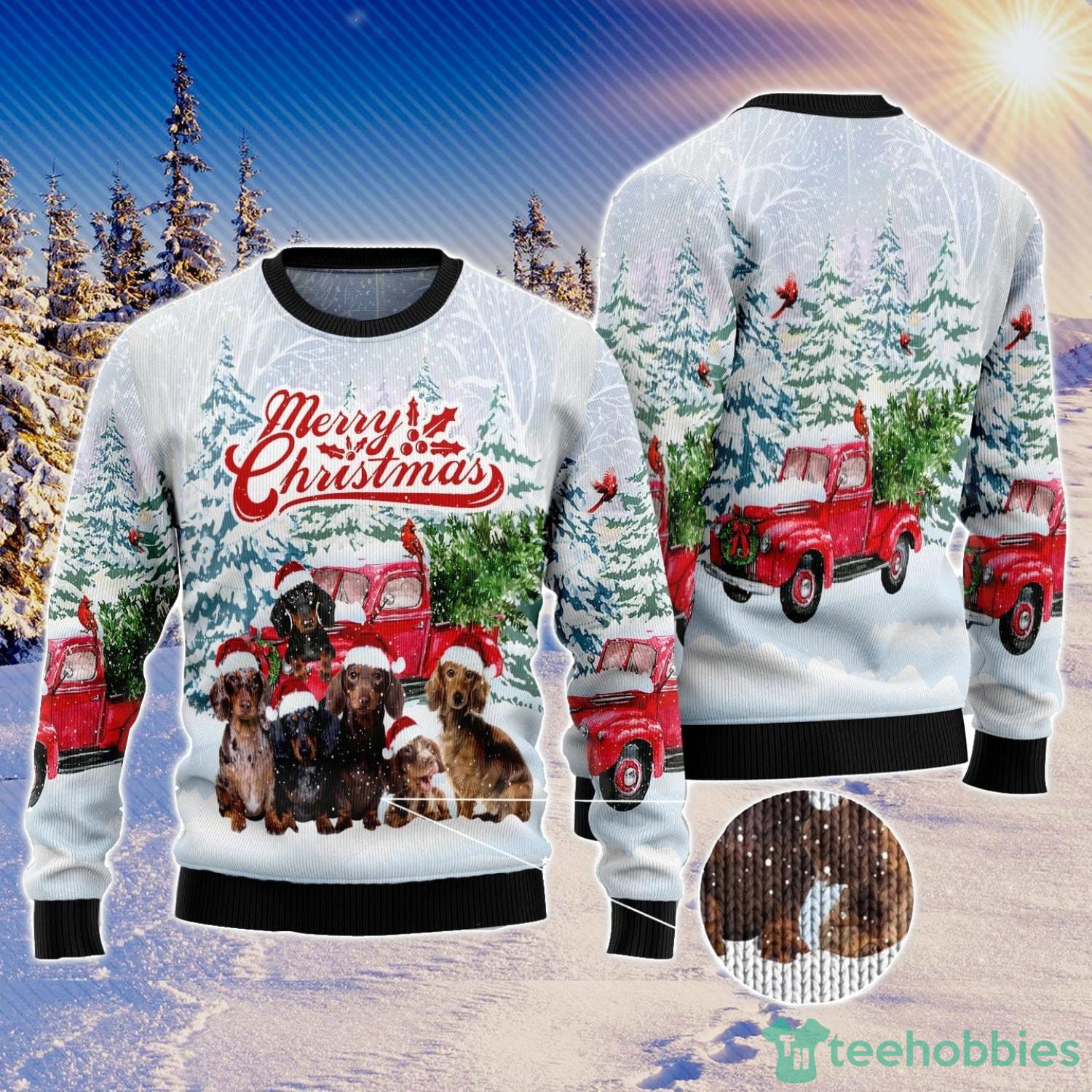 Dachshund Merry Christmas Red Car Ugly Christmas Sweater AOP All Over Printed Sweater Product Photo 1