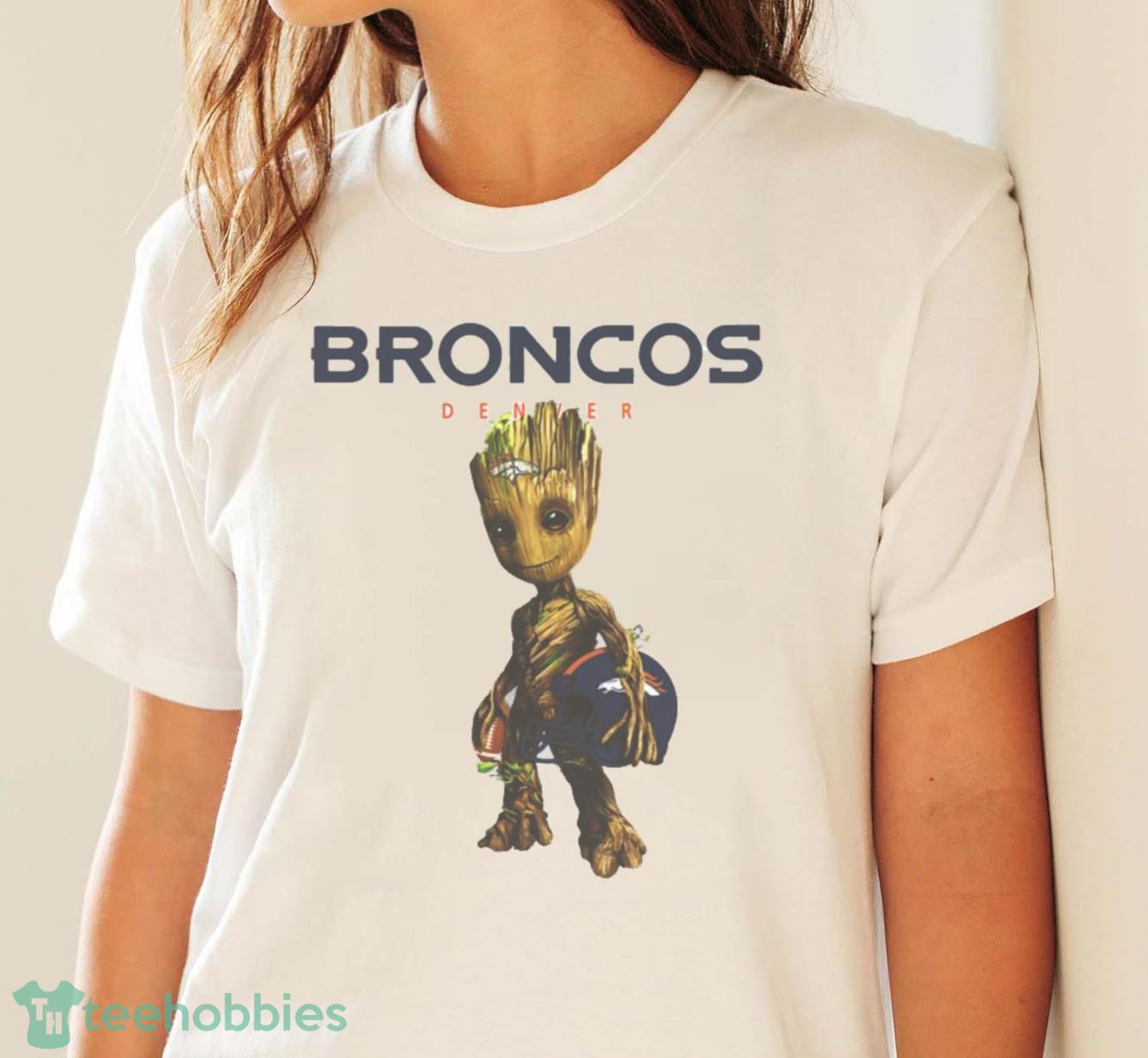 Denver Broncos NFL Football Groot Marvel Guardians Of The Galaxy T Shirt - White Ladies T-Shirt