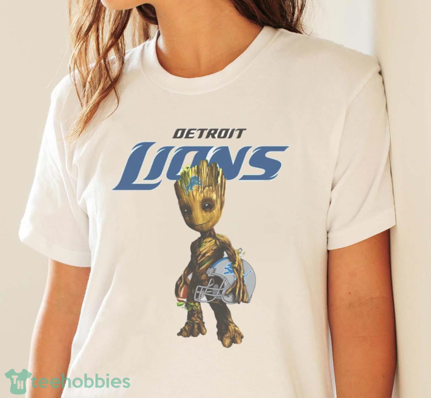 Detroit Lions NFL Football Groot Marvel Guardians Of The Galaxy T Shirt - White Ladies T-Shirt