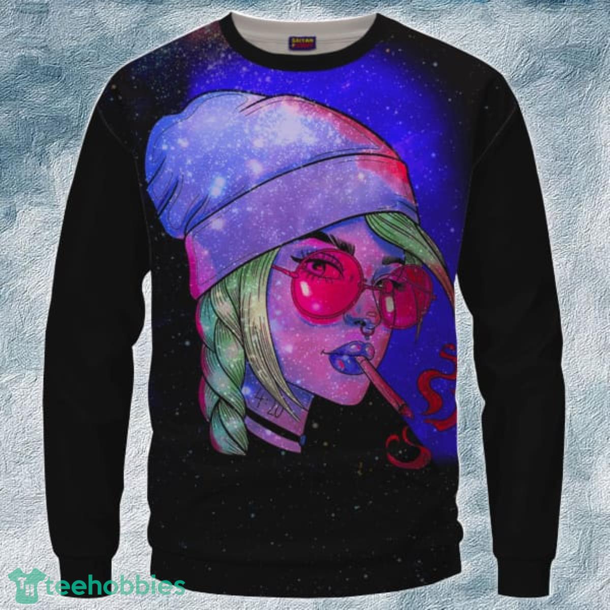 Girl Beanie Vector Art Black Smoking Marijuana Vector Crewneck 3D Sweater Product Photo 1