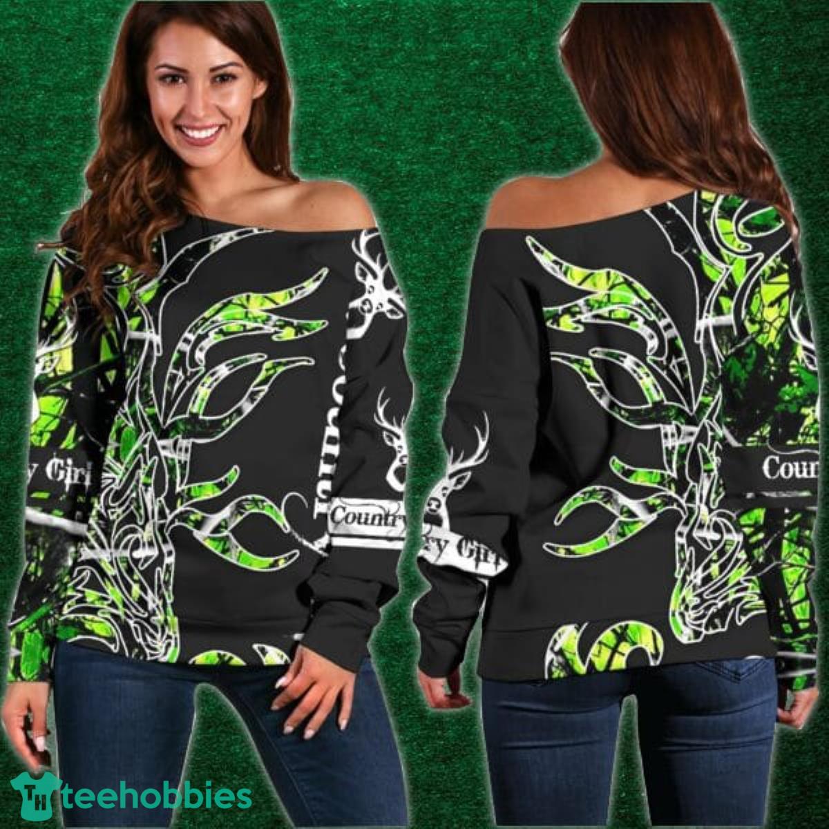 Green Country Girl On Black Shoulder Sweater Impressive Gift Product Photo 1 Green Country Girl On Black Shoulder Sweater Impressive Gift Product Photo 1