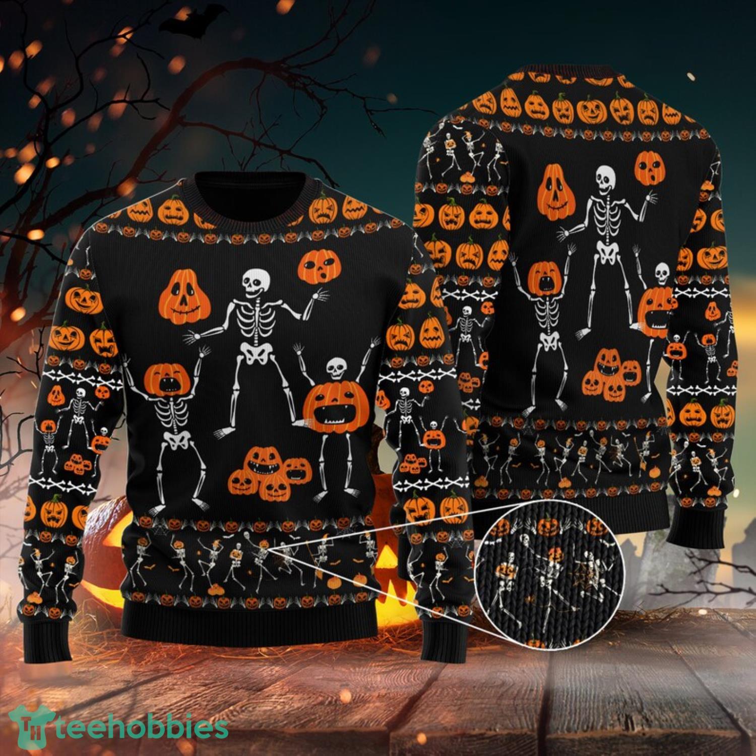 Happy Halloween Dancing Skull And Pumpkin Faces Ugly Sweater Product Photo 1