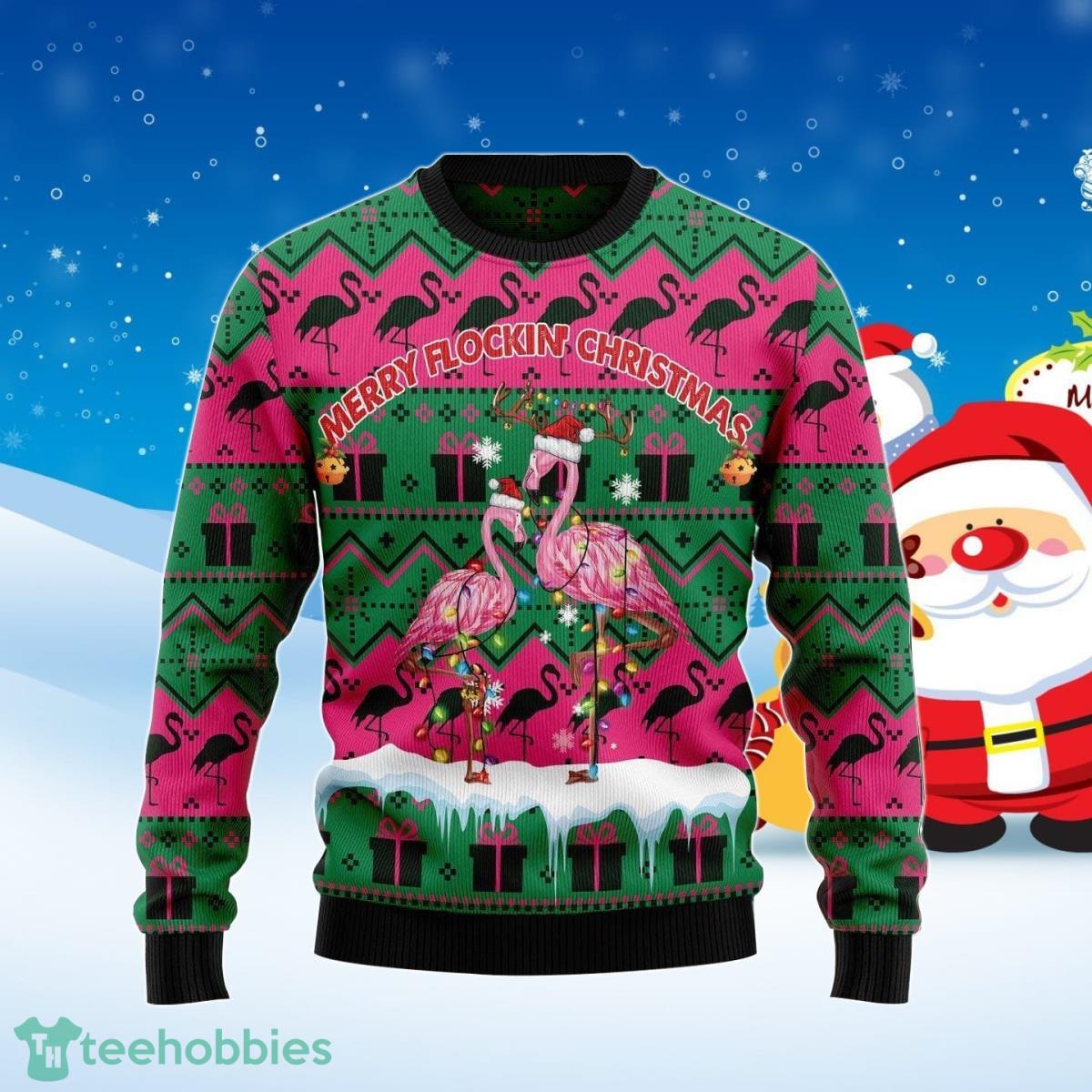 Merry Flockin‘ Christmas Flamingo Ugly Christmas Sweater Best Gift For Men And Women Product Photo 1