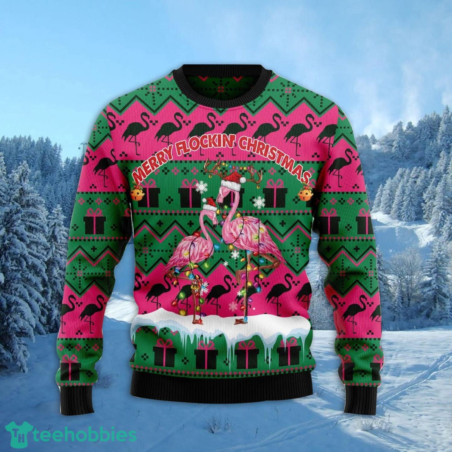 Merry Flockin‘ Christmas Flamingo Ugly Christmas Sweater Family Noel Gift Product Photo 2