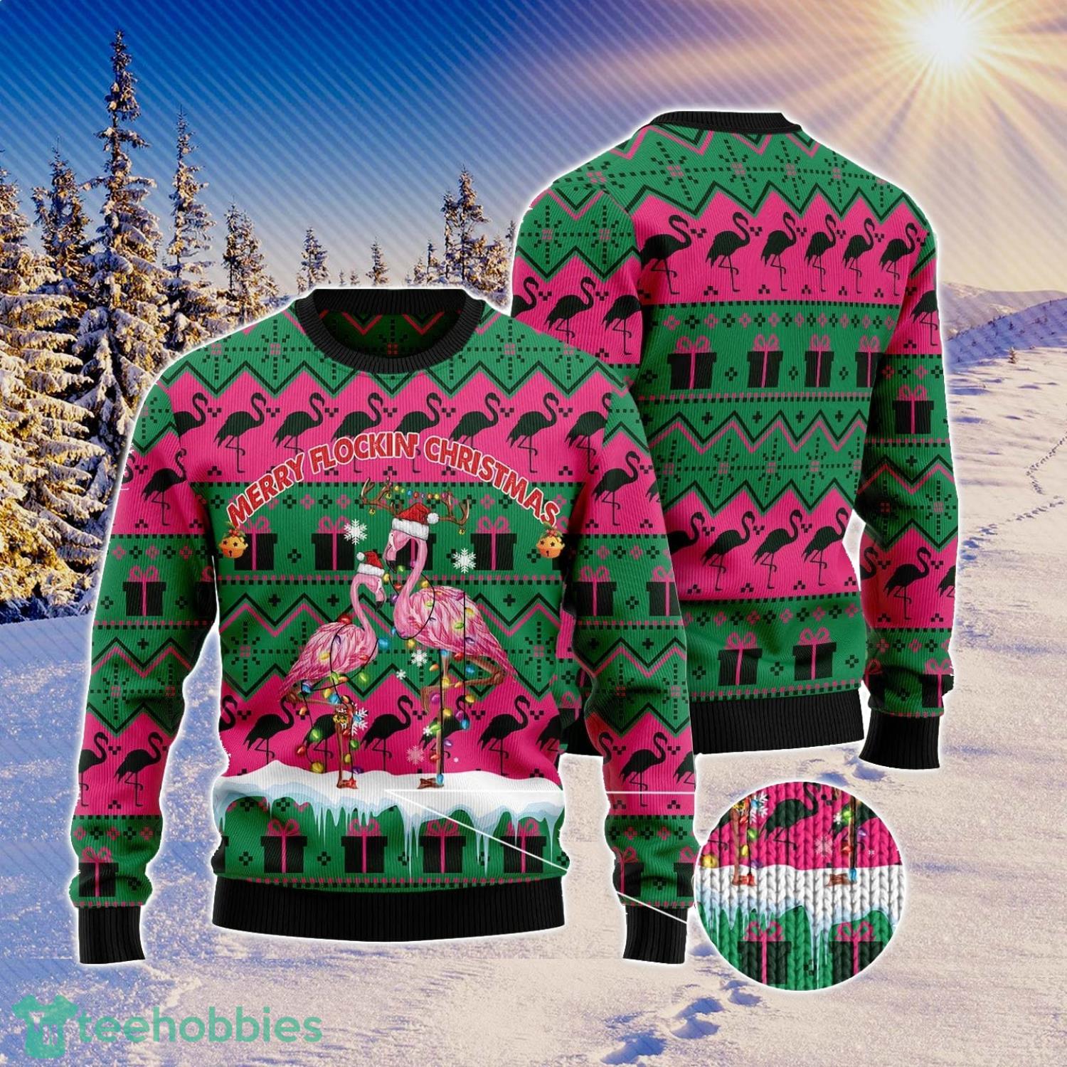 Merry Flockin‘ Christmas Flamingo Ugly Christmas Sweater Family Noel Gift Product Photo 1