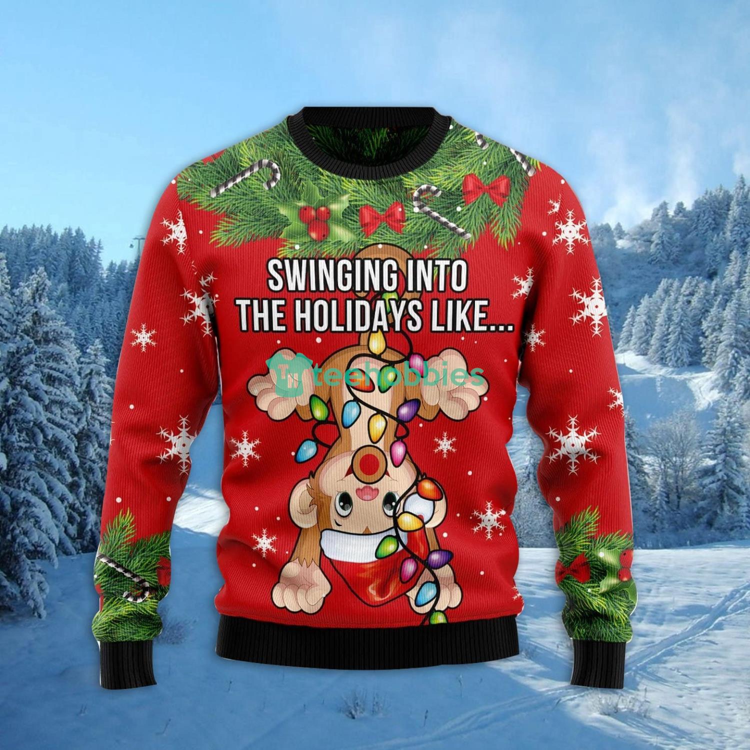 Monkey Swing Into The Holiday Ugly Christmas Sweater Family Noel Gift image Monkey Swing Into The Holiday Ugly Christmas Sweater Family Noel Gift Product Photo 2