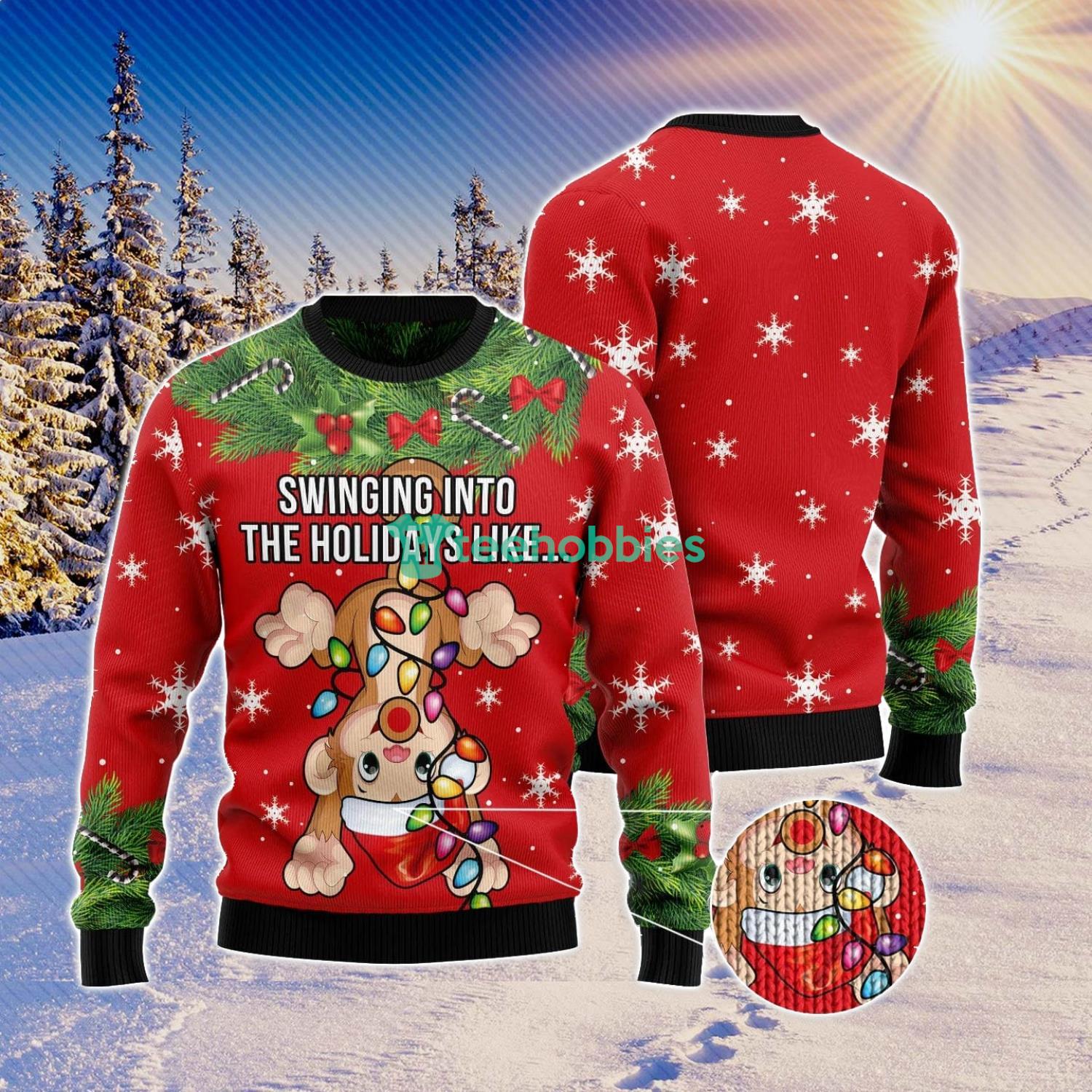 Monkey Swing Into The Holiday Ugly Christmas Sweater Family Noel Gift Product Photo 1 Monkey Swing Into The Holiday Ugly Christmas Sweater Family Noel Gift Product Photo 1