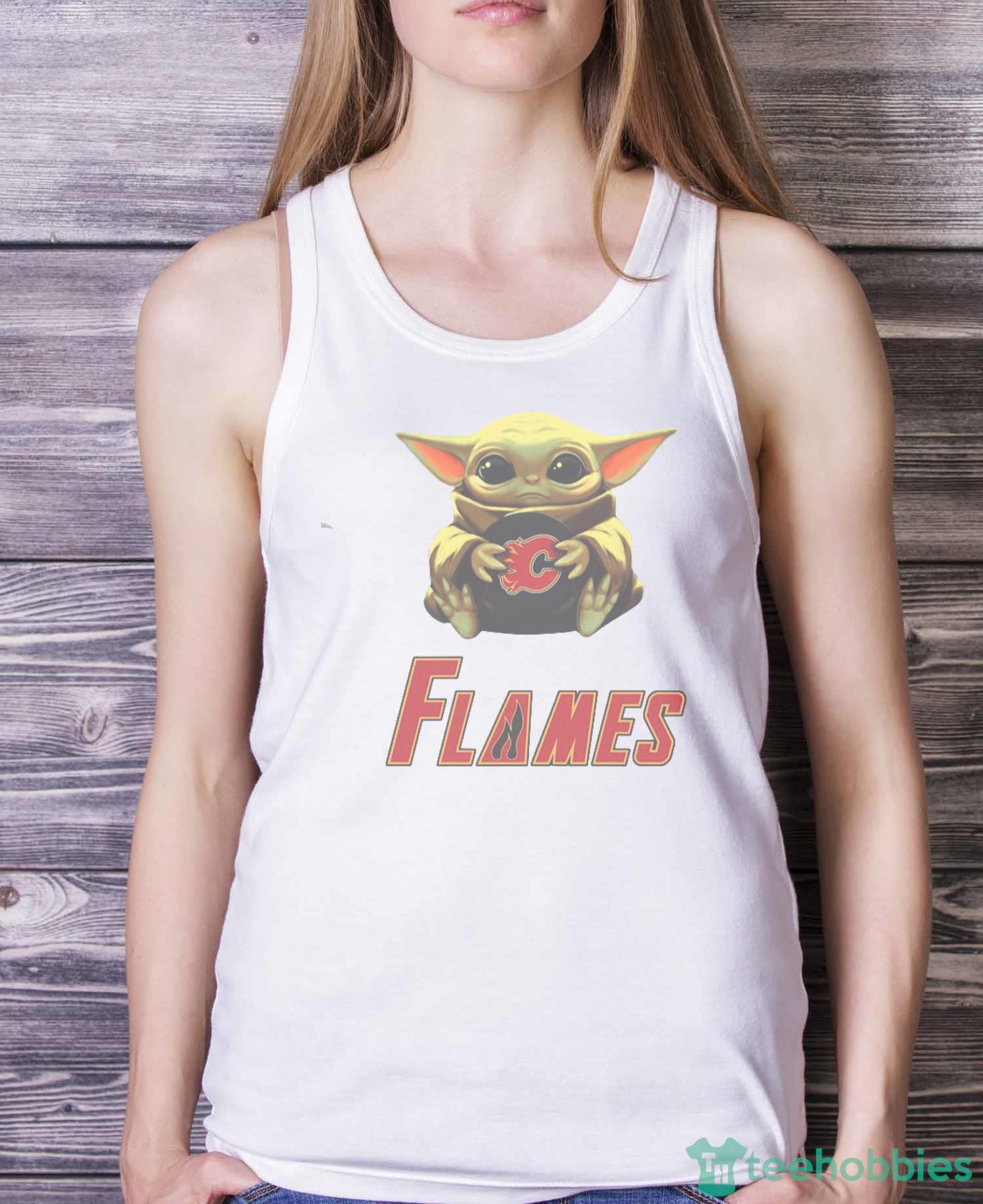 NHL Hockey Calgary Flames Star Wars Baby Yoda Shirt T Shirt - White Ladies Tank Top