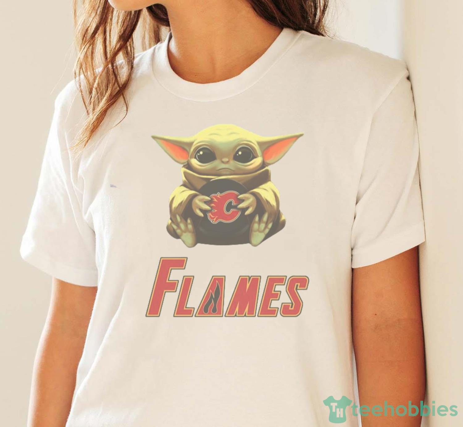 NHL Hockey Calgary Flames Star Wars Baby Yoda Shirt T Shirt - White Ladies T-Shirt