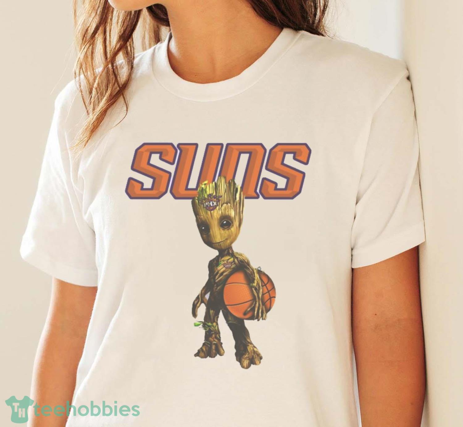 Phoenix Suns NBA Basketball Groot Marvel Guardians Of The Galaxy T Shirt - White Ladies T-Shirt Phoenix Suns NBA Basketball Groot Marvel Guardians Of The Galaxy T Shirt - White Ladies T-Shirt
