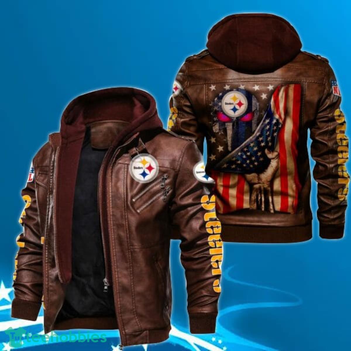 Pittsburgh Steelers Leather Jacket Flag skull gift for fan Brown Product Photo 1