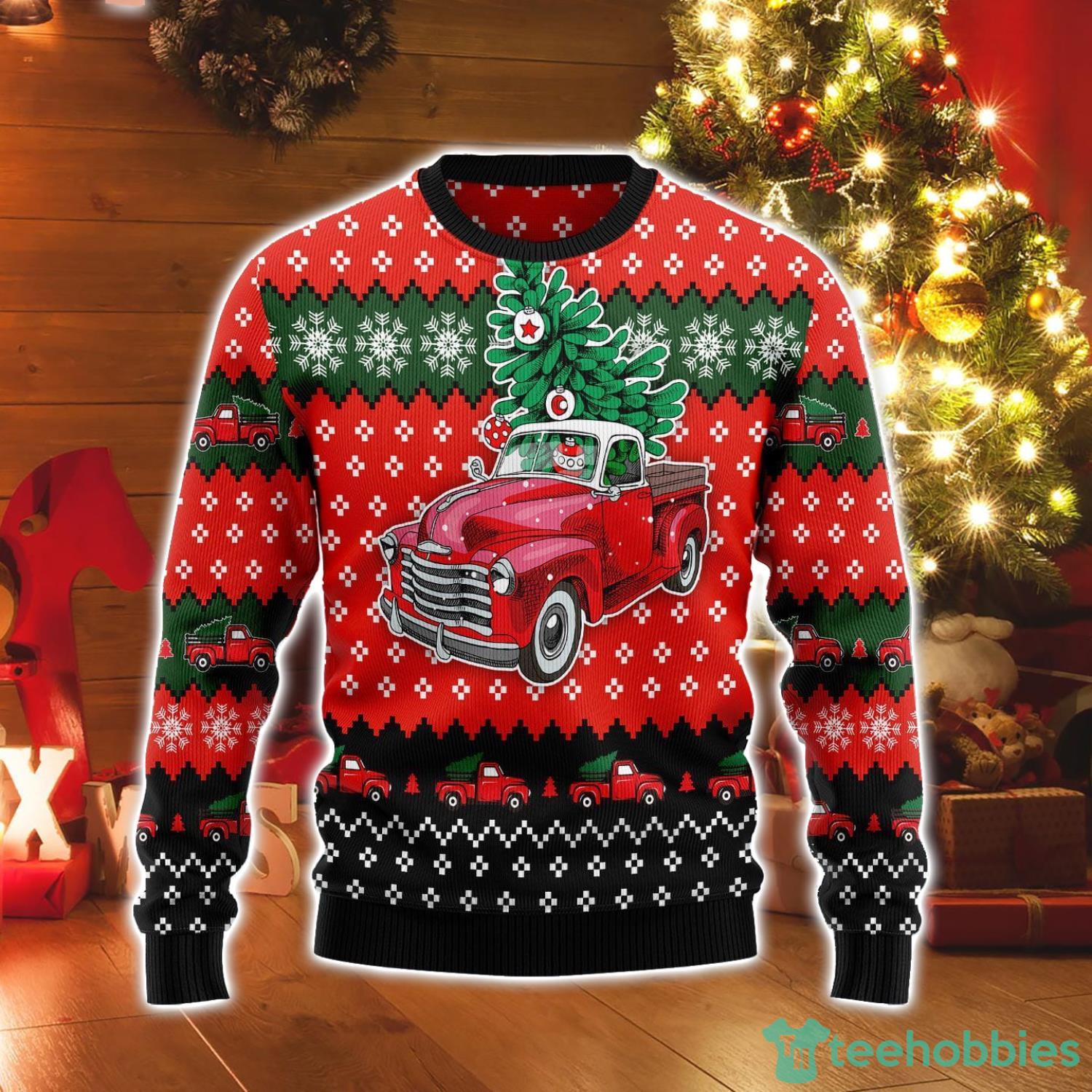Red Truck Christmas Tree All Over Print Ugly Christmas Sweater Product Photo 1