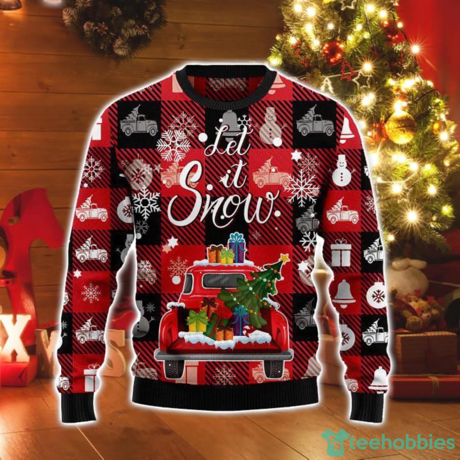 Red Truck Let It Snow Red Car Ugly Christmas Sweater Product Photo 1