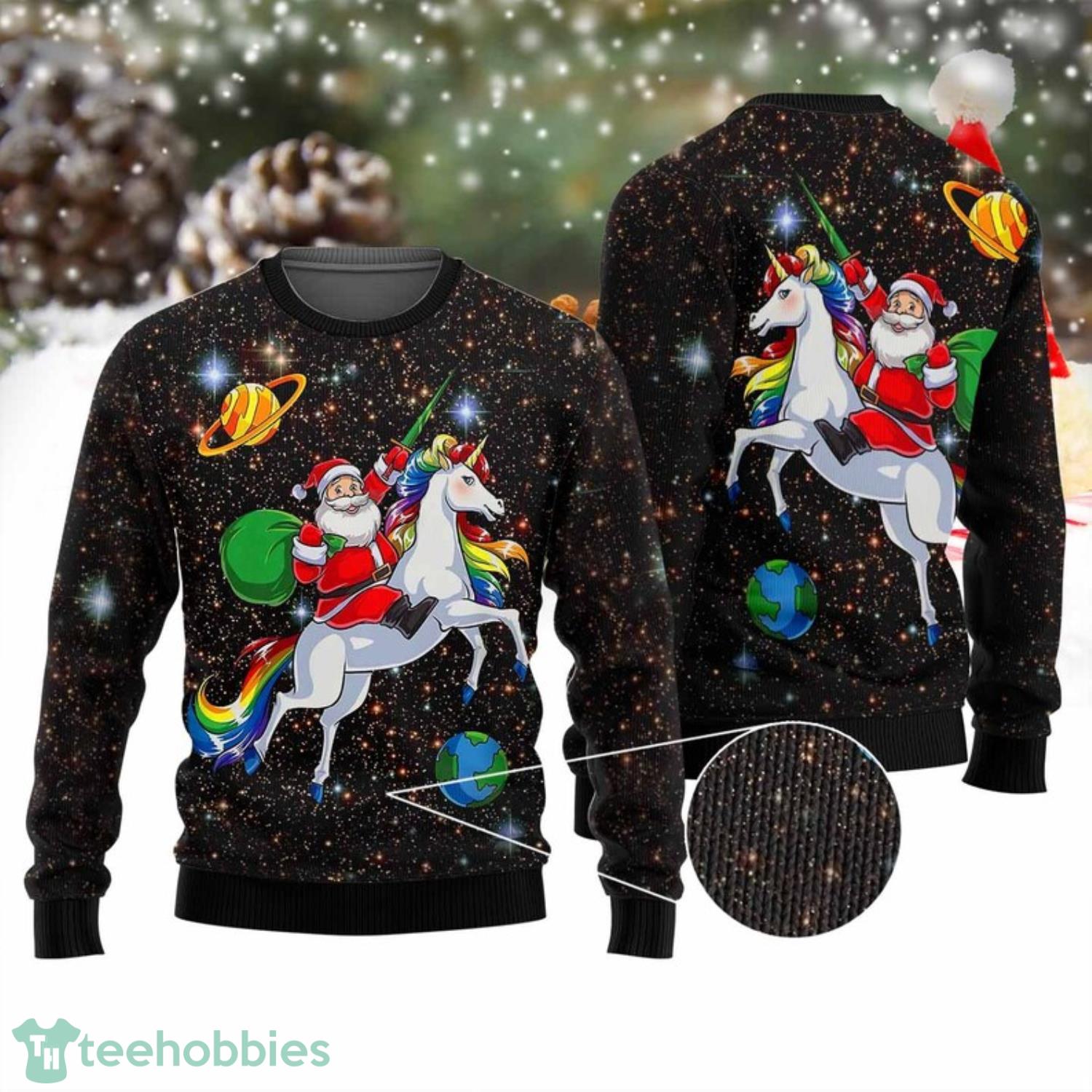Santa Clause Is Riding Unicorn Galaxy Pattern Ugly Sweater Product Photo 1
