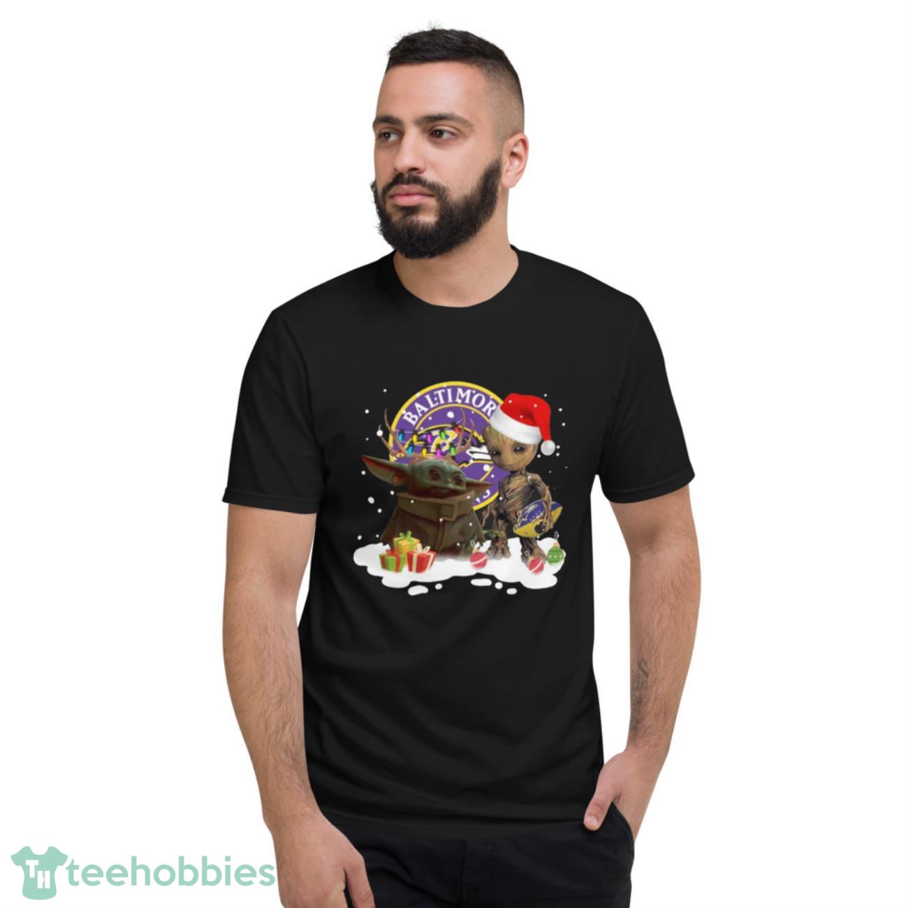 Baby Yoda Reindeer and Santa Groot Hug Baltimore Ravens Christmas Light shirt - Short Sleeve T-Shirt