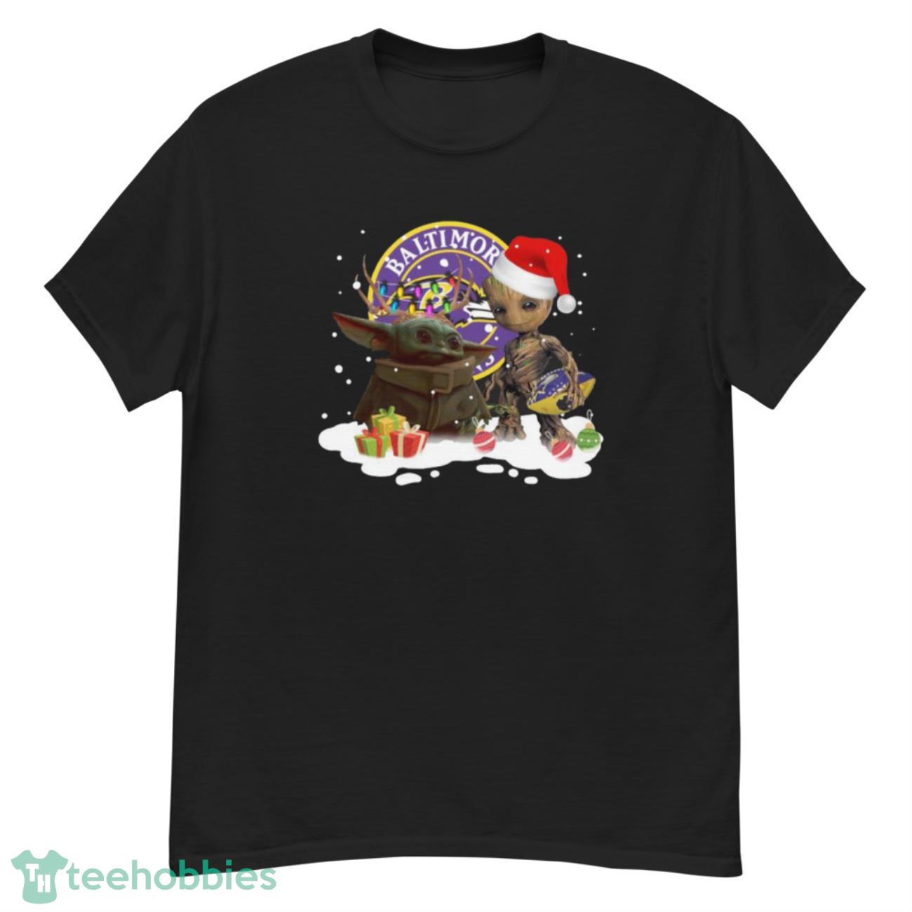 Baby Yoda Reindeer and Santa Groot Hug Baltimore Ravens Christmas Light shirt - G500 Men’s Classic T-Shirt