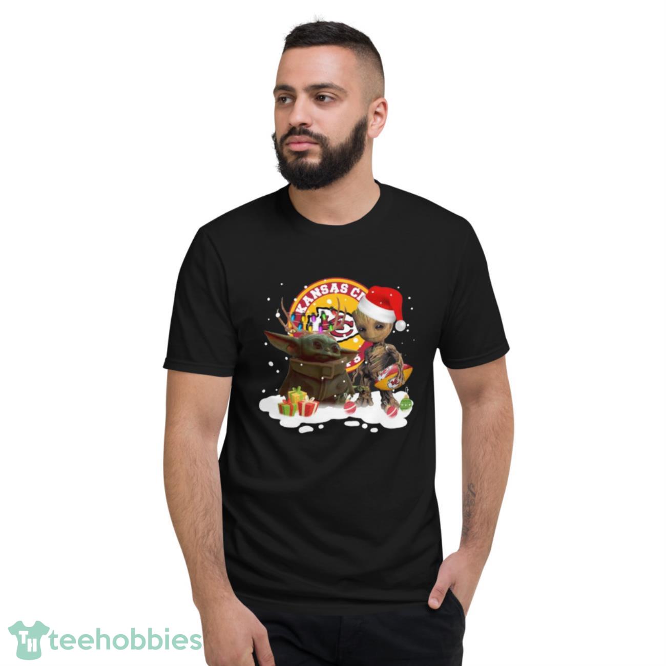 Baby Yoda Reindeer and Santa Groot Hug Kansas City Chiefs Christmas Light shirt - Short Sleeve T-Shirt